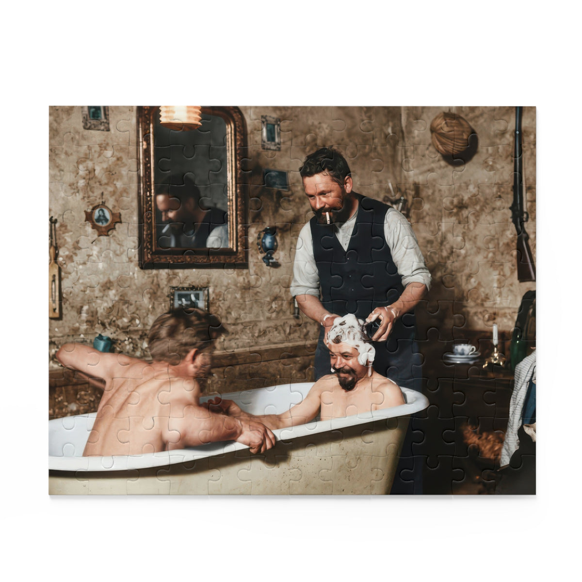 Source artwork for a jigsaw puzzle showing two men in a freestanding tub while a clothed bearded man works lather through one man’s hair, with a mirror and framed pictures behind.”