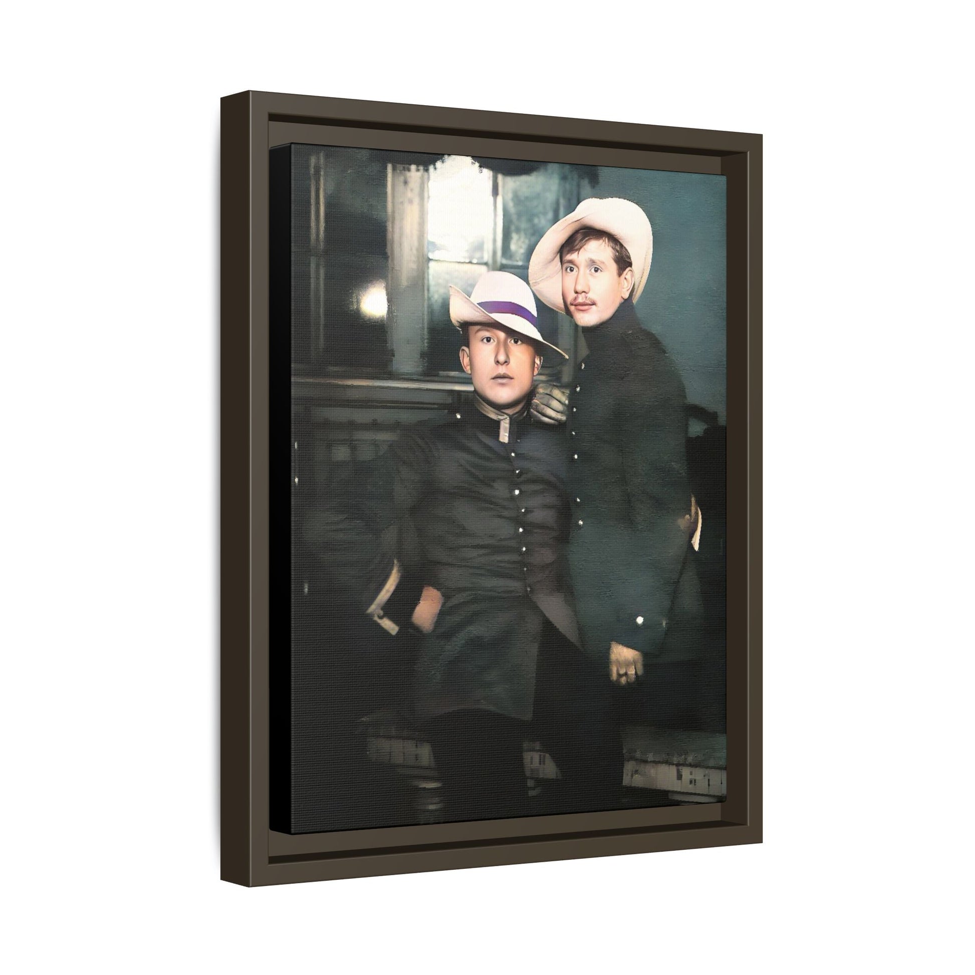 Restored vintage photograph of Flavio and Eustolio, an early 20th-century LGBTQ+ military couple from El Paso, Texas. Displayed as a framed matte canvas print, showcasing timeless love and resilience.