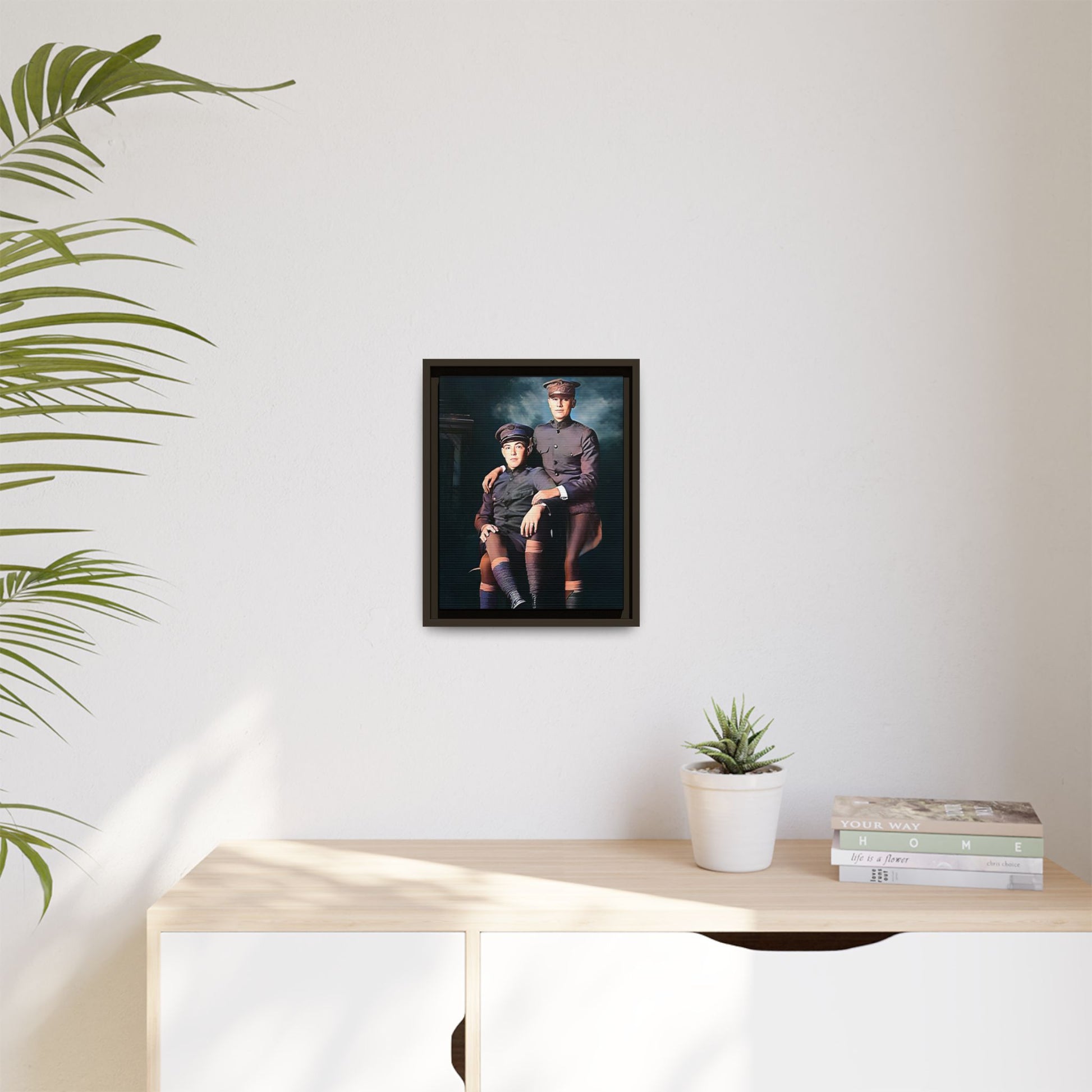 Restored WWI-era photo of Frederick & Hugh, gay soldiers seated together in Providence, Rhode Island, framed canvas art.