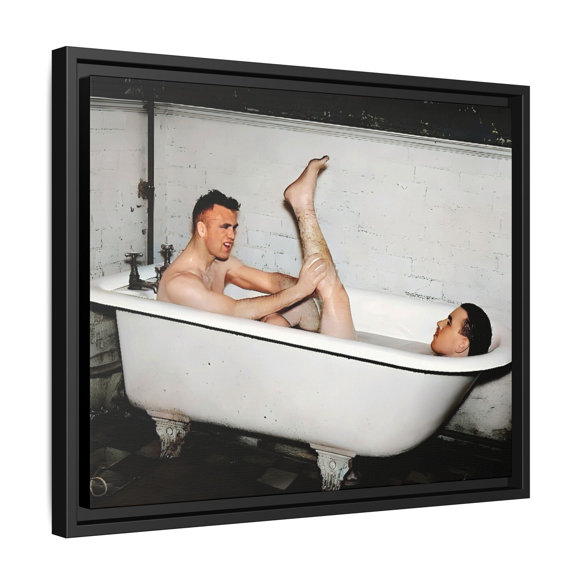 Restored vintage photo of Leon & Michael, a playful gay couple in a clawfoot bathtub, early 20th century, framed canvas.