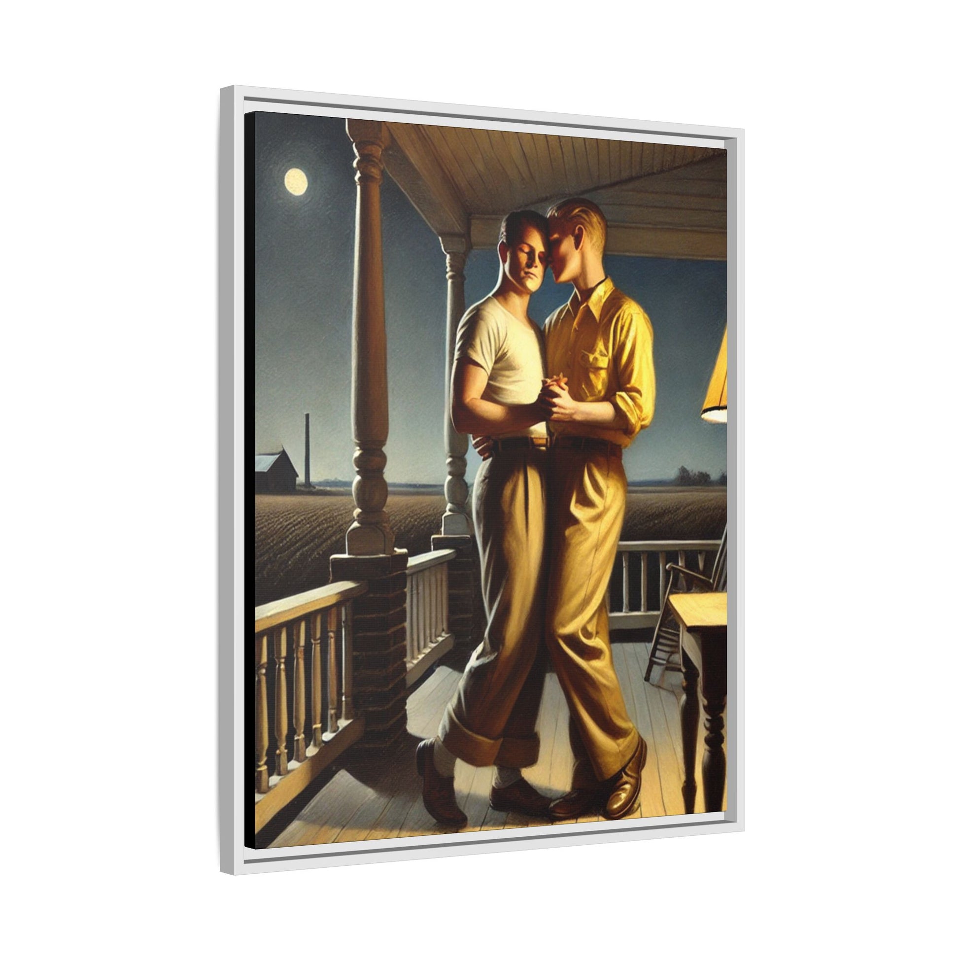 Artwork of a gay couple standing on a farmhouse porch under the moonlight, inspired by Grant Wood’s style.