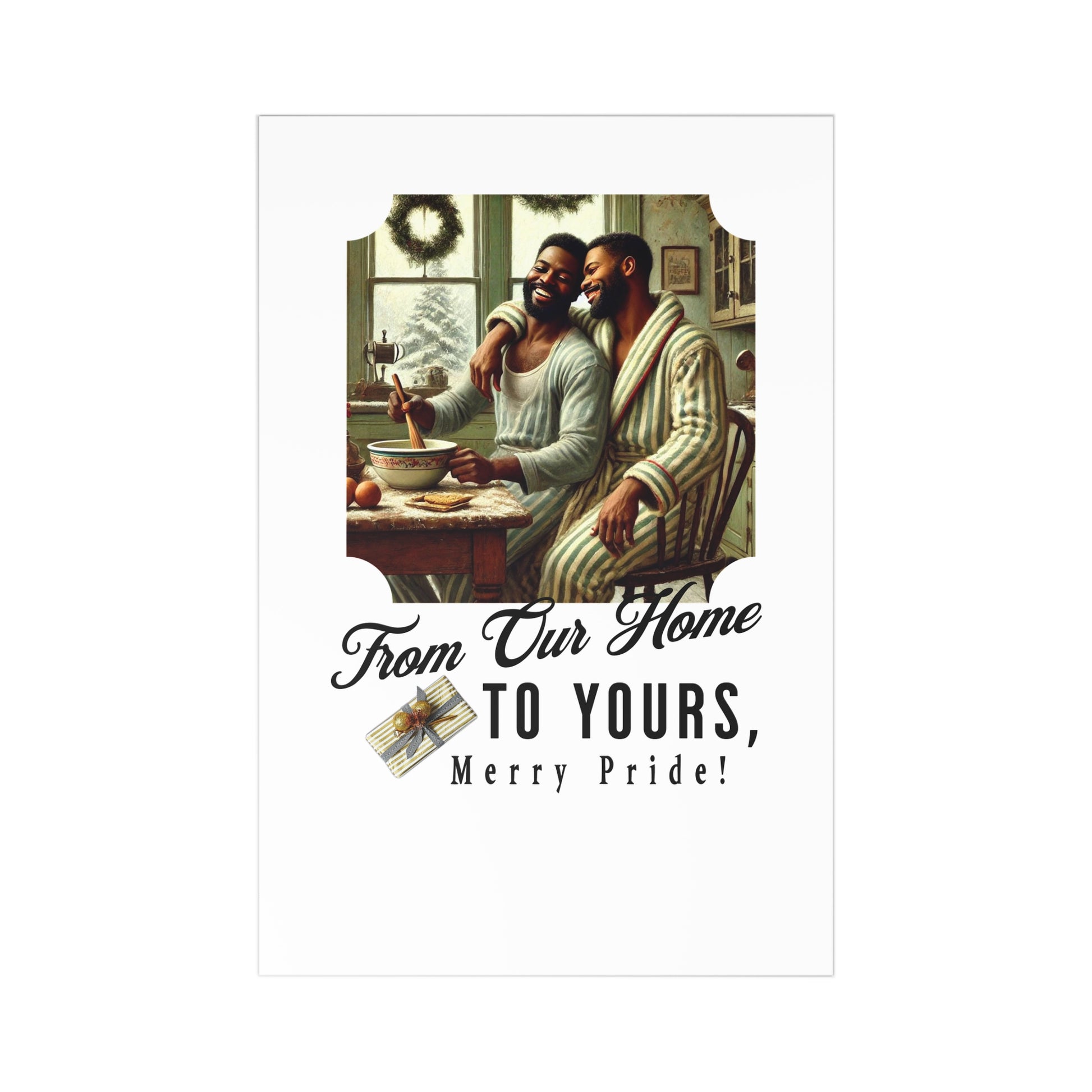 Heartwarming postcard set featuring a Black gay couple sharing a joyful Christmas morning in a vintage 1920s kitchen.