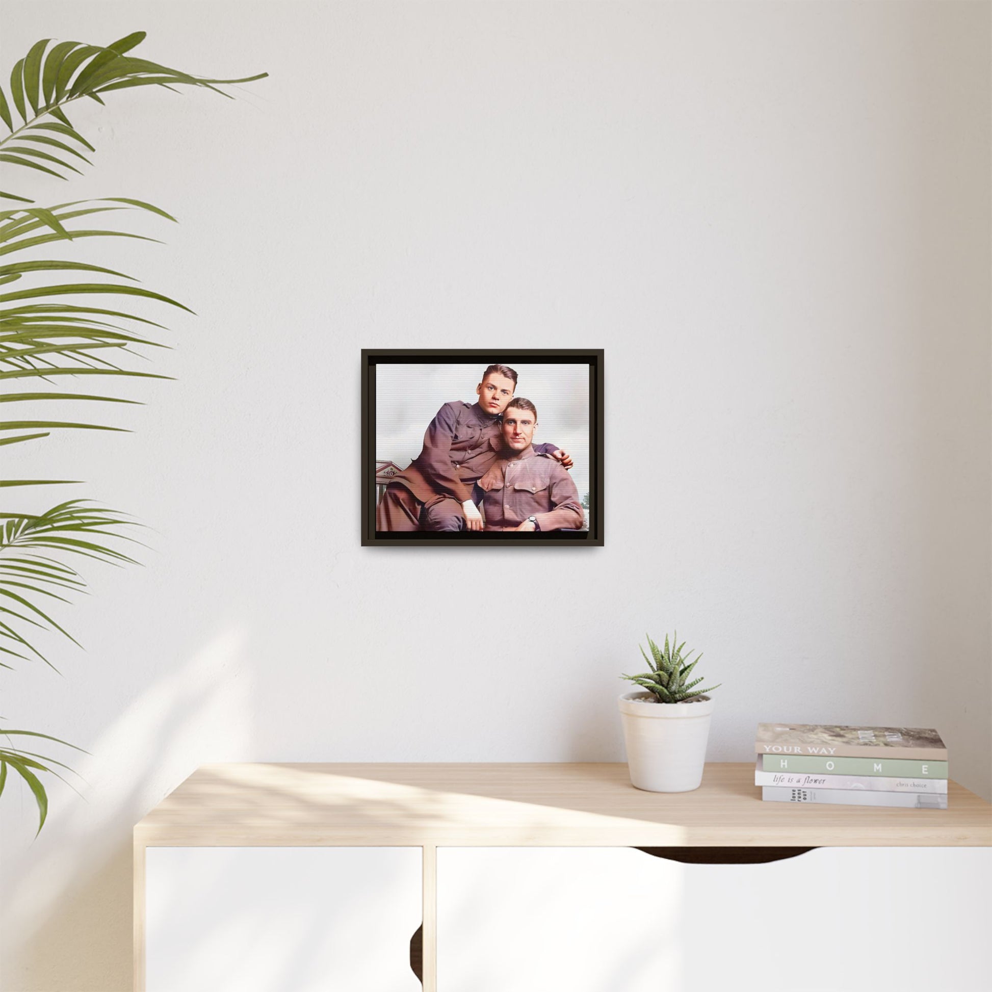 A restored WWII-era portrait of Charlie & Gordon at Debach Airfield, UK. This framed matte canvas captures military camaraderie, resilience, and historical connection, making it a timeless tribute for vintage and aviation collectors. Gay Couple
