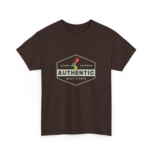 unisex LGBTQ+ t-shirt with a hexagonal badge design reading “Authentic” and “Loving & Vastness,” featuring a rainbow antler—symbolizing self-love, queer pride, and emotional depth.