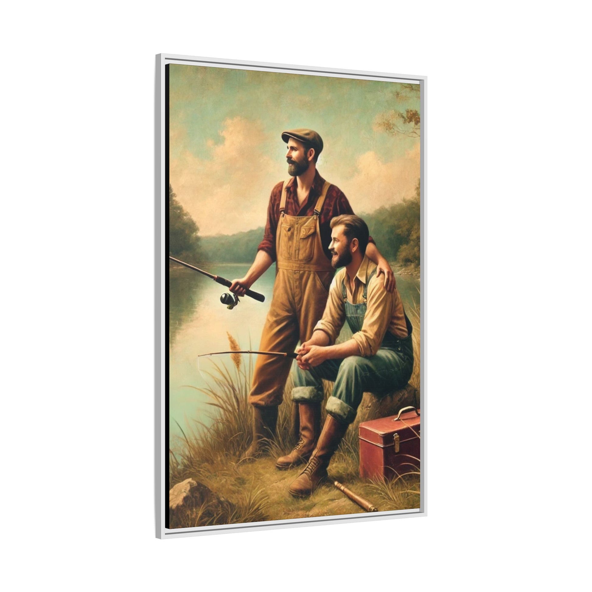 Vintage-style artwork of a gay couple fishing at a serene lakeside in the 1930s, celebrating love and rural life