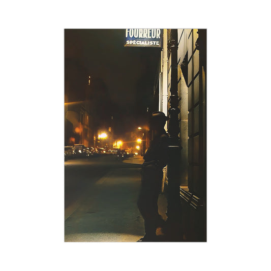 Evocative 7-piece postcard set featuring a vintage photo of a lone man on a quiet, dimly lit urban street.