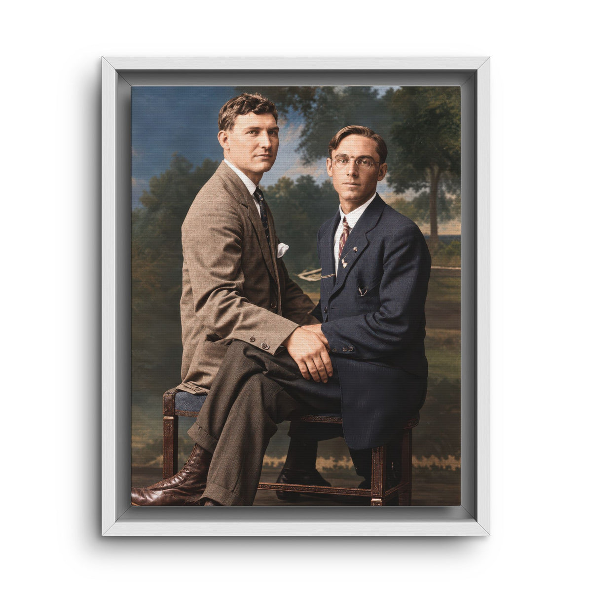 Historical framed canvas wall art featuring two seated men, one wearing round eyeglasses and a dark suit.
