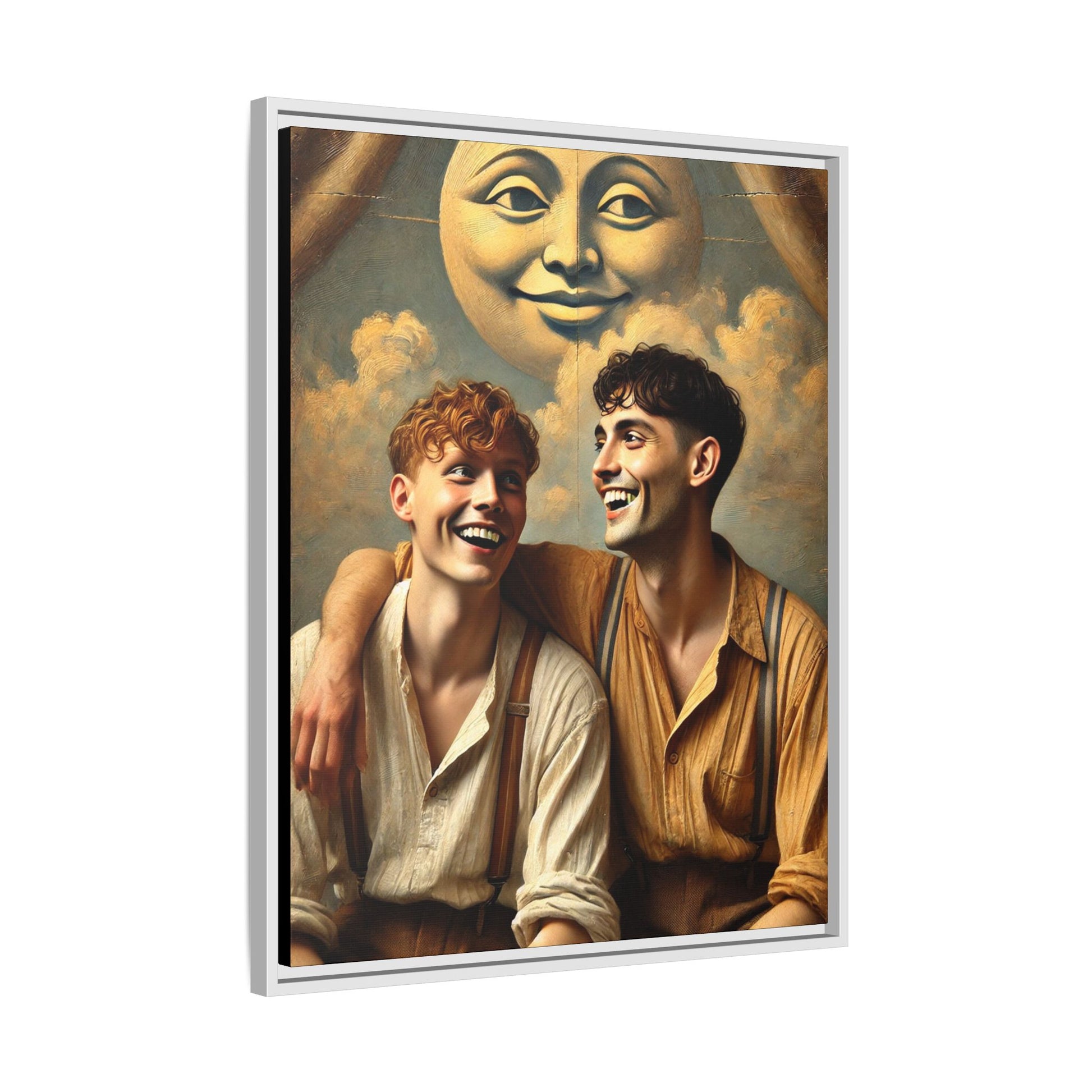 Queer artwork of two joyful young men dressed in vintage clothing with rolled sleeves and suspenders, laughing under a large moon prop in a dreamy studio scene. A celebration of love and resilience reclaimed from forgotten queer histories.