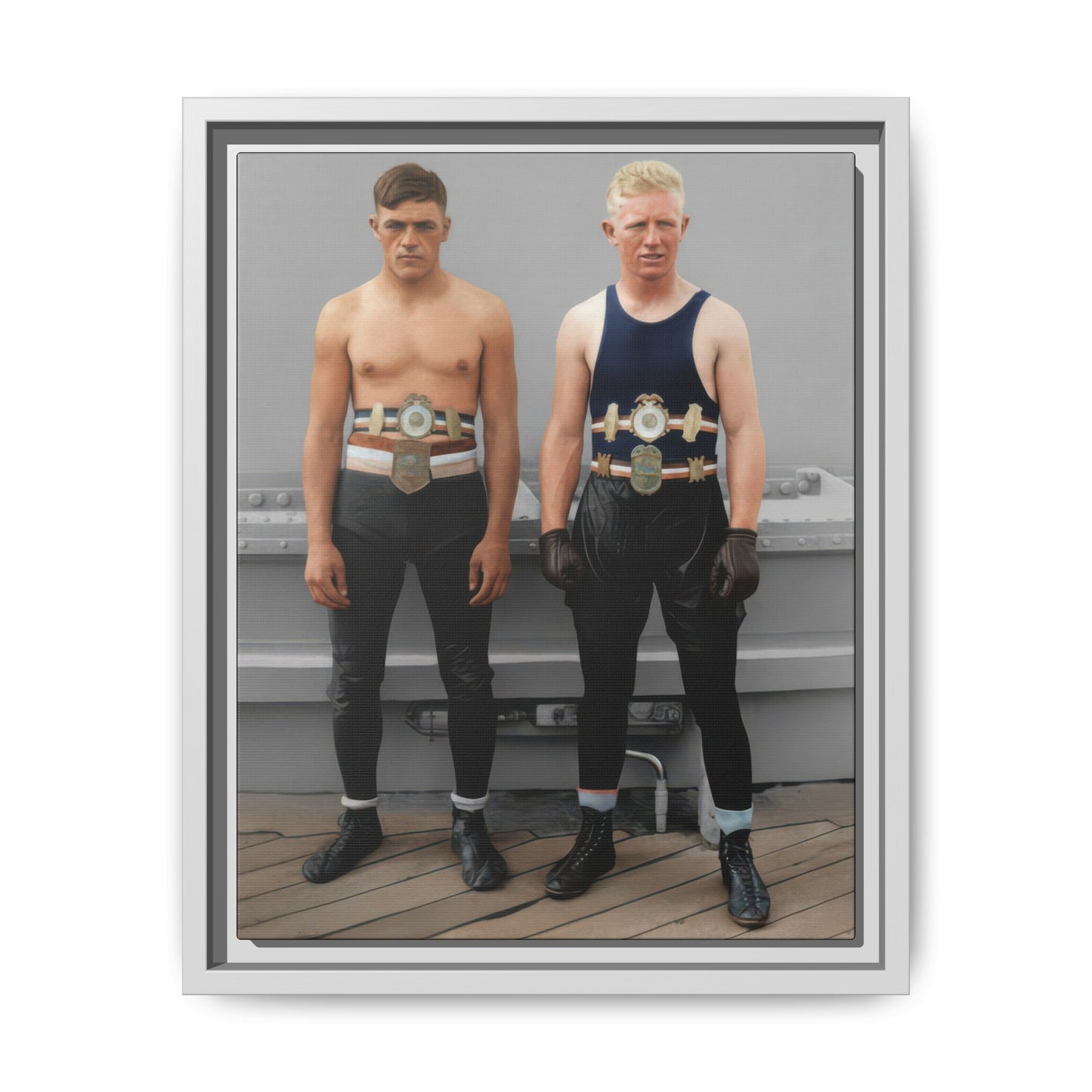 Historical sporting photograph reproduced as archival canvas wall art with two boxers in period dress 