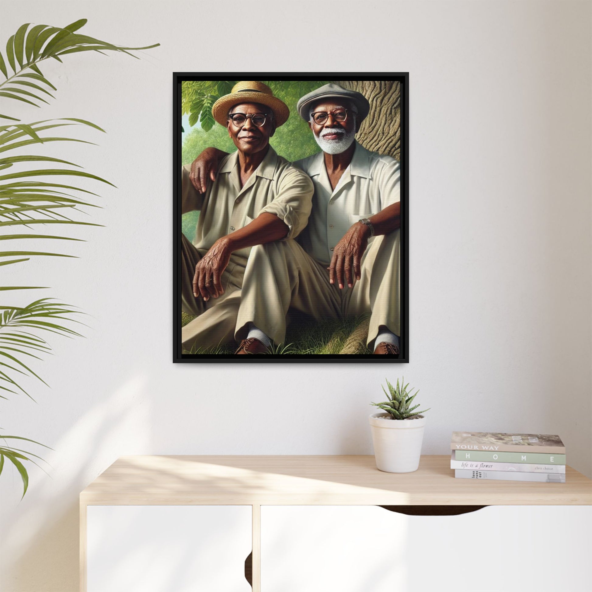 Framed artwork of a gay African-American couple in Cedar Rapids, Iowa, 1930s, celebrating love and resilience.