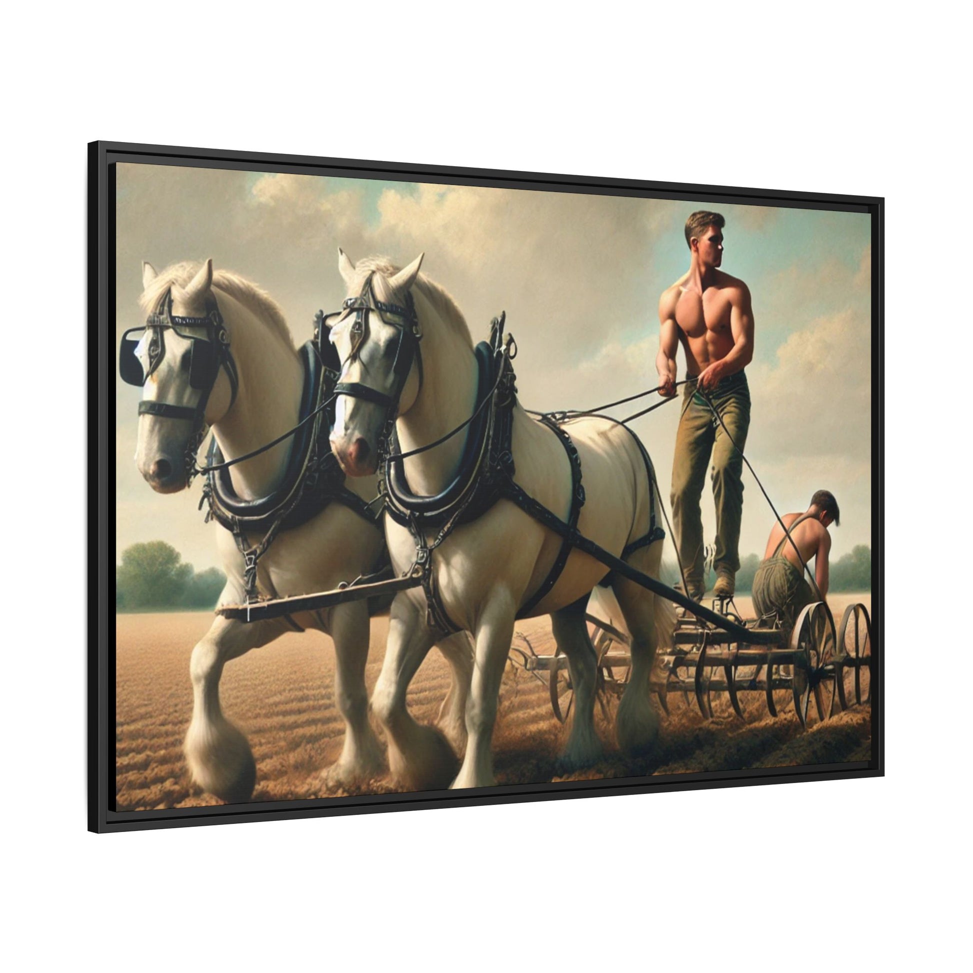 Vintage-style artwork of a shirtless man plowing a field with white horses, celebrating rural life and resilience.