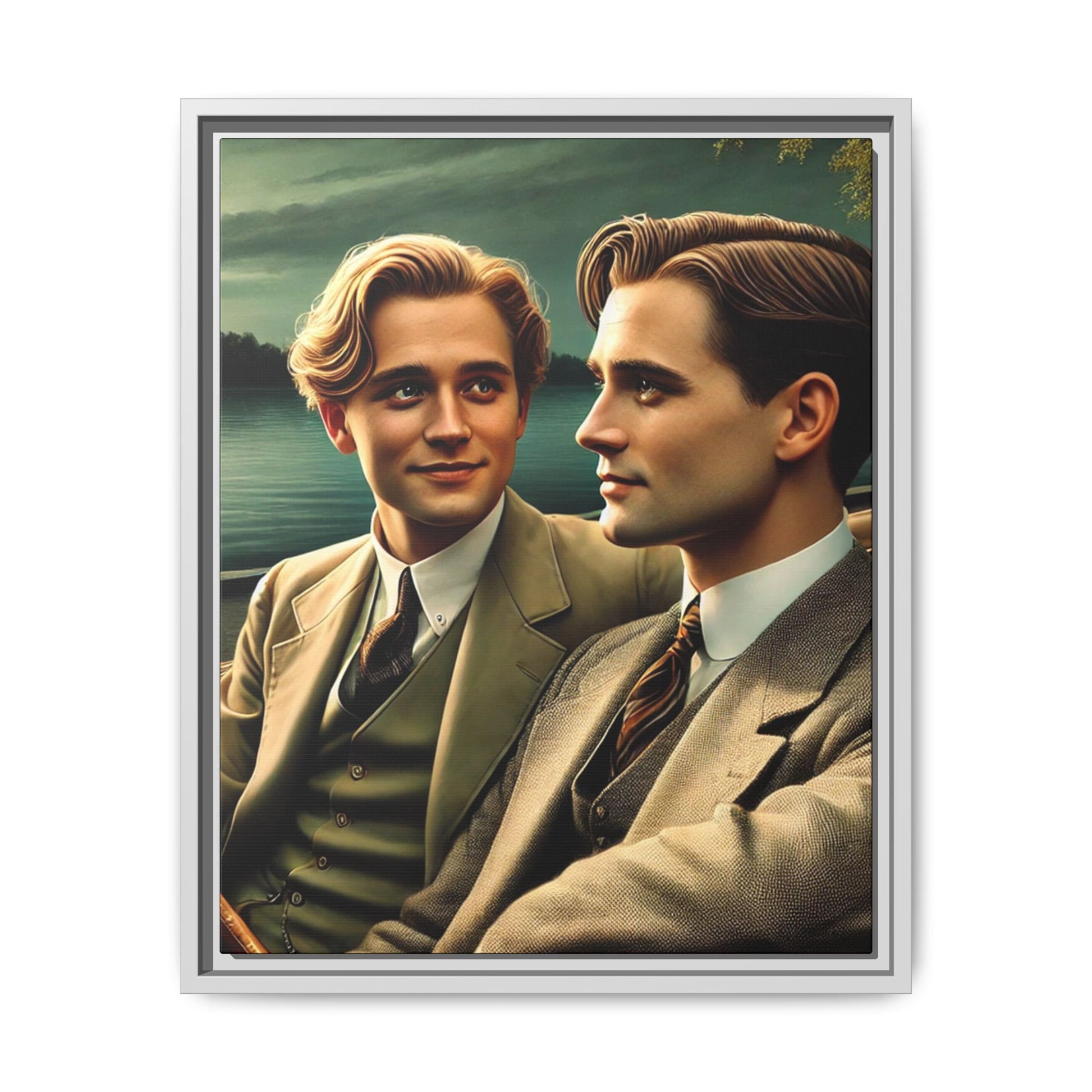 Vintage-style artwork of a gay couple from the 1930s in a Packard car by the Mississippi River, celebrating love and inclusivity.