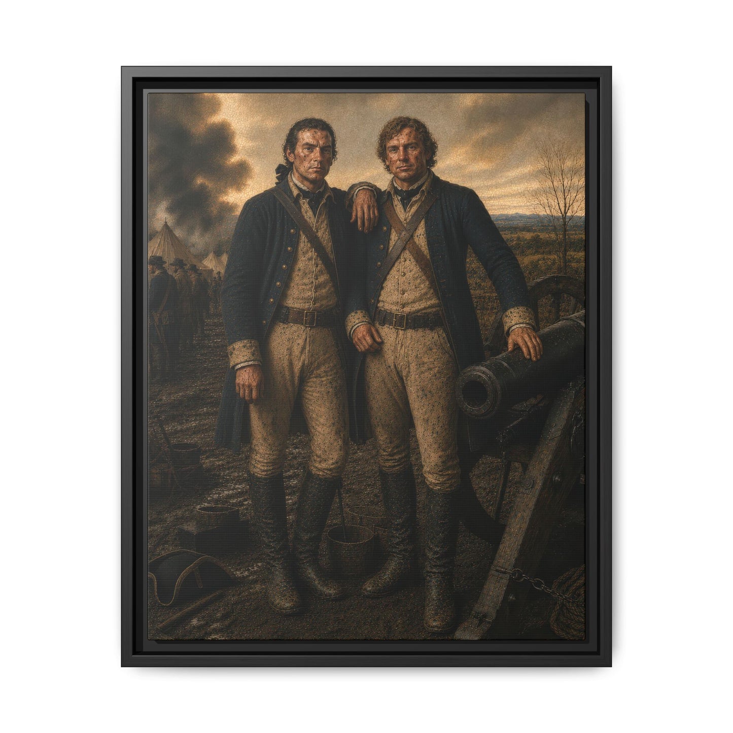 Two Continental Army artillery soldiers standing beside a cannon in a Revolutionary War encampment.