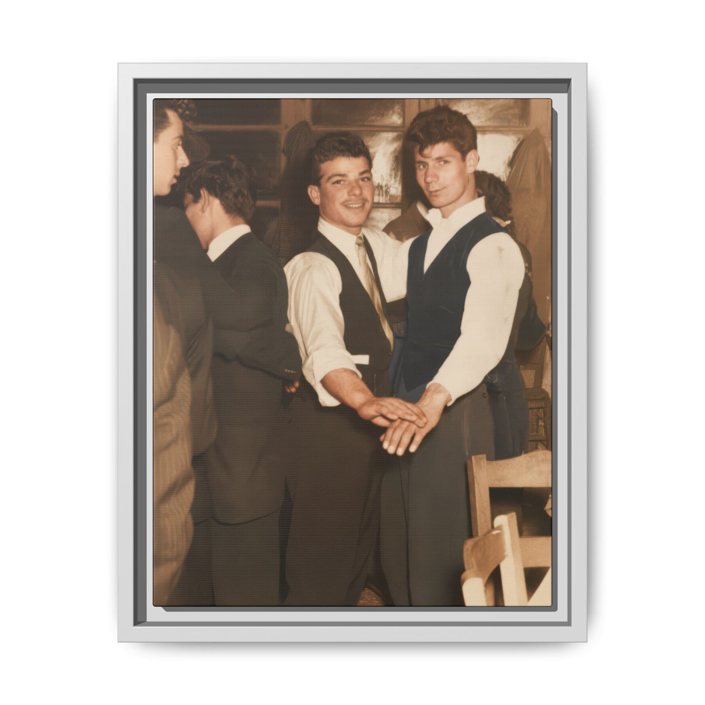 Historical dancing companions photo with warm tones, chairs, and window backdrop
