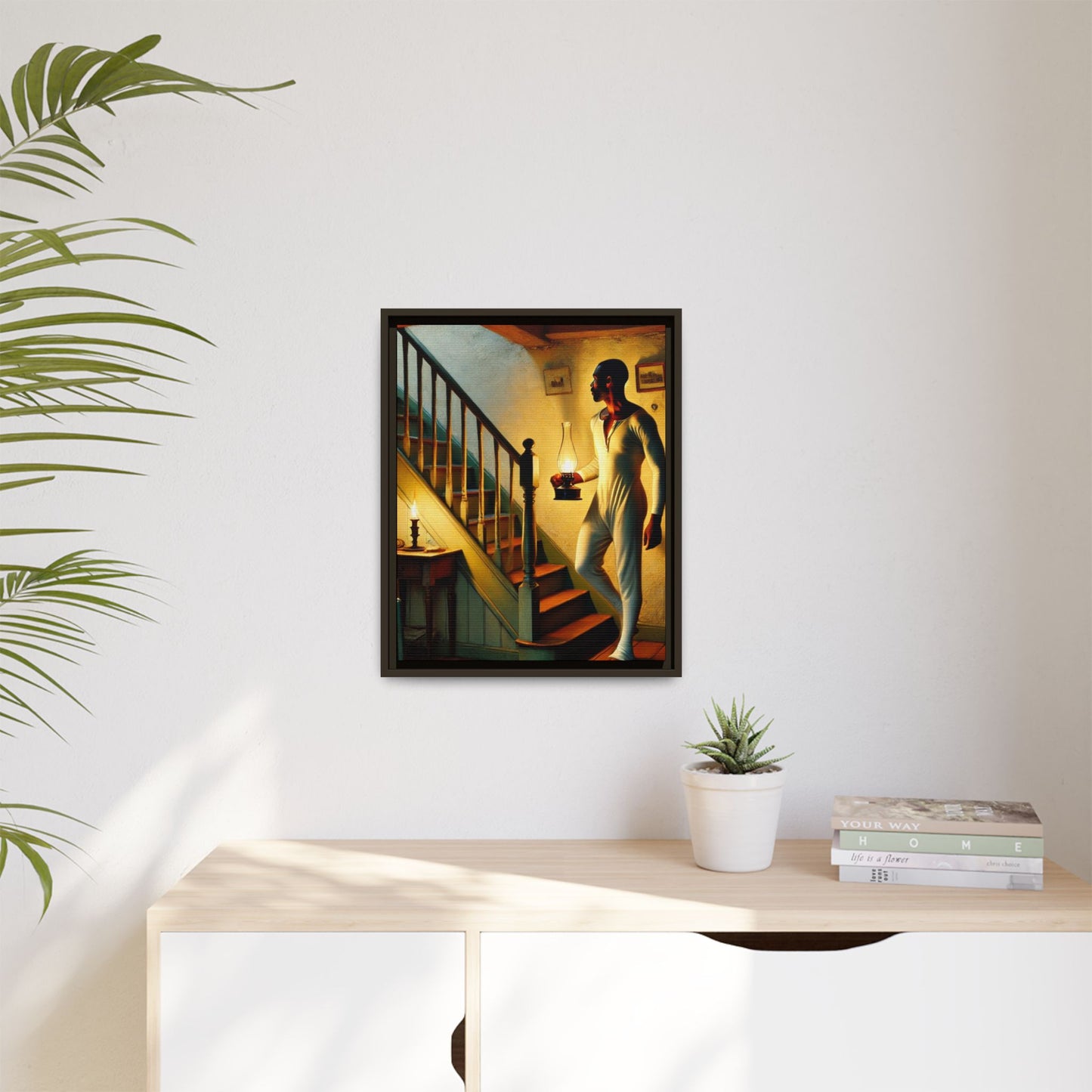 Framed artwork of an African-American man holding a lantern on a staircase, inspired by Grant Wood's style.