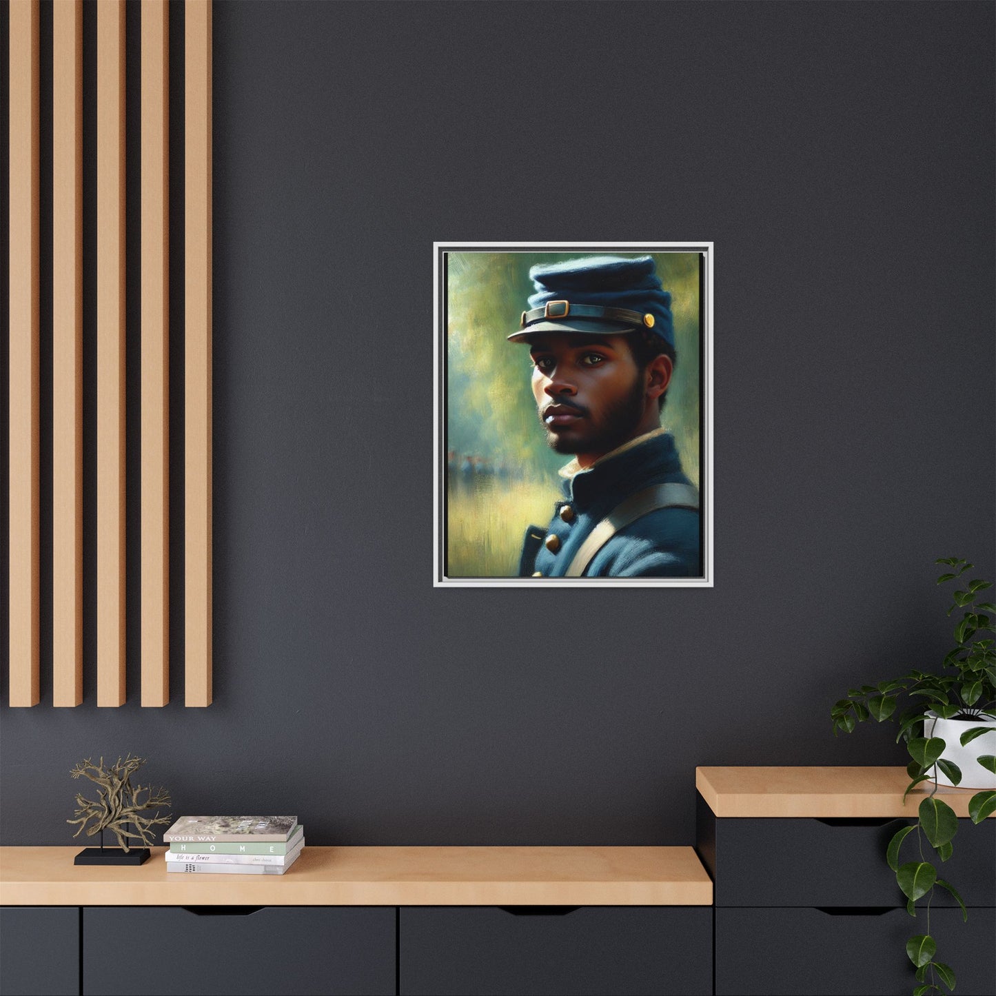 Portrait of an African American Civil War Union soldier in a kepi and navy wool coat, inspired by Walt Whitman’s Drum-Taps, honoring bravery, sacrifice, and resilience.