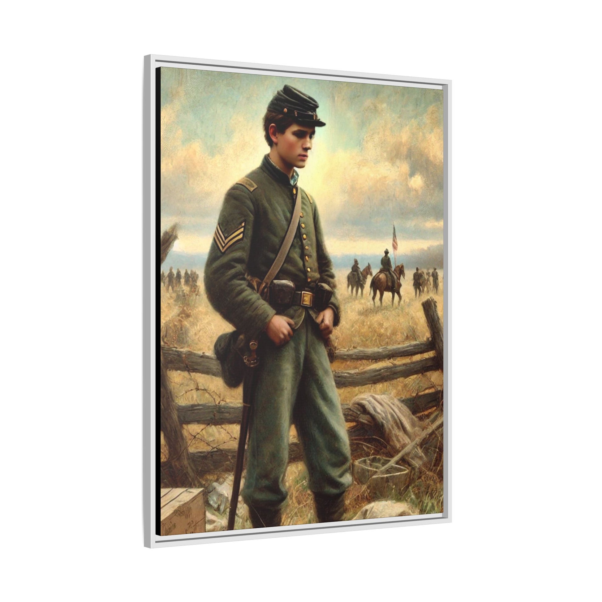 Framed artwork of a young Civil War Union soldier inspired by Walt Whitman’s Drum-Taps poems and Grant Wood's style, depicting battlefield sacrifice, humanity, and historical charm.