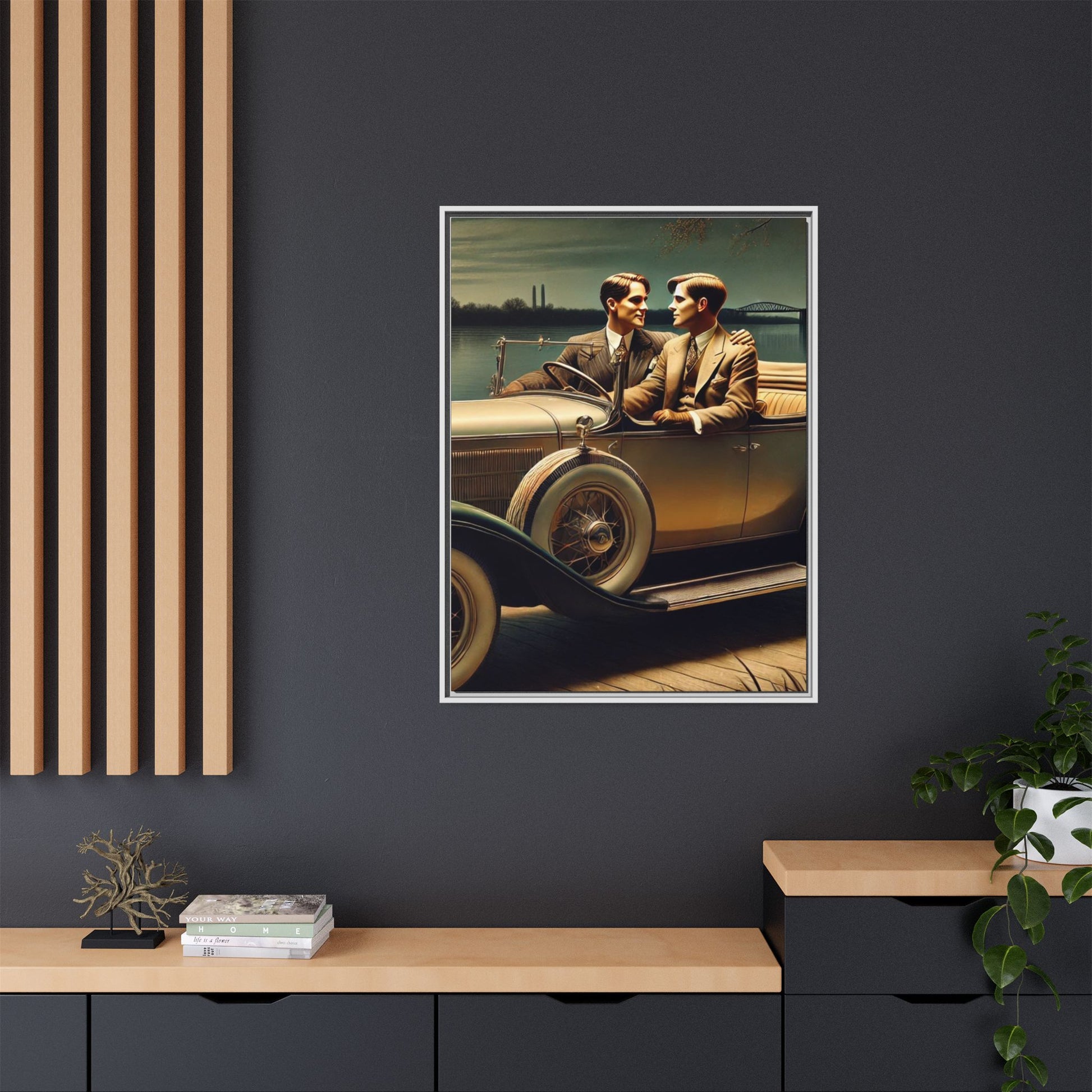 Vintage-style artwork of a gay couple in a 1930 Packard car by the Mississippi River under moonlight, celebrating love and history.