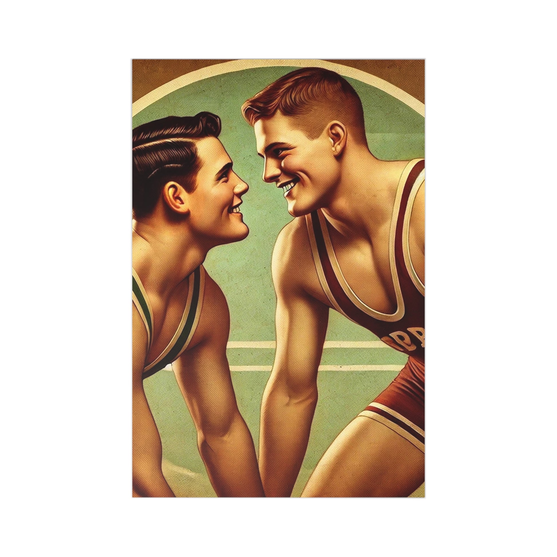 Artistic postcard set featuring a nostalgic scene of vintage wrestlers in a Grant Wood-inspired Americana style.