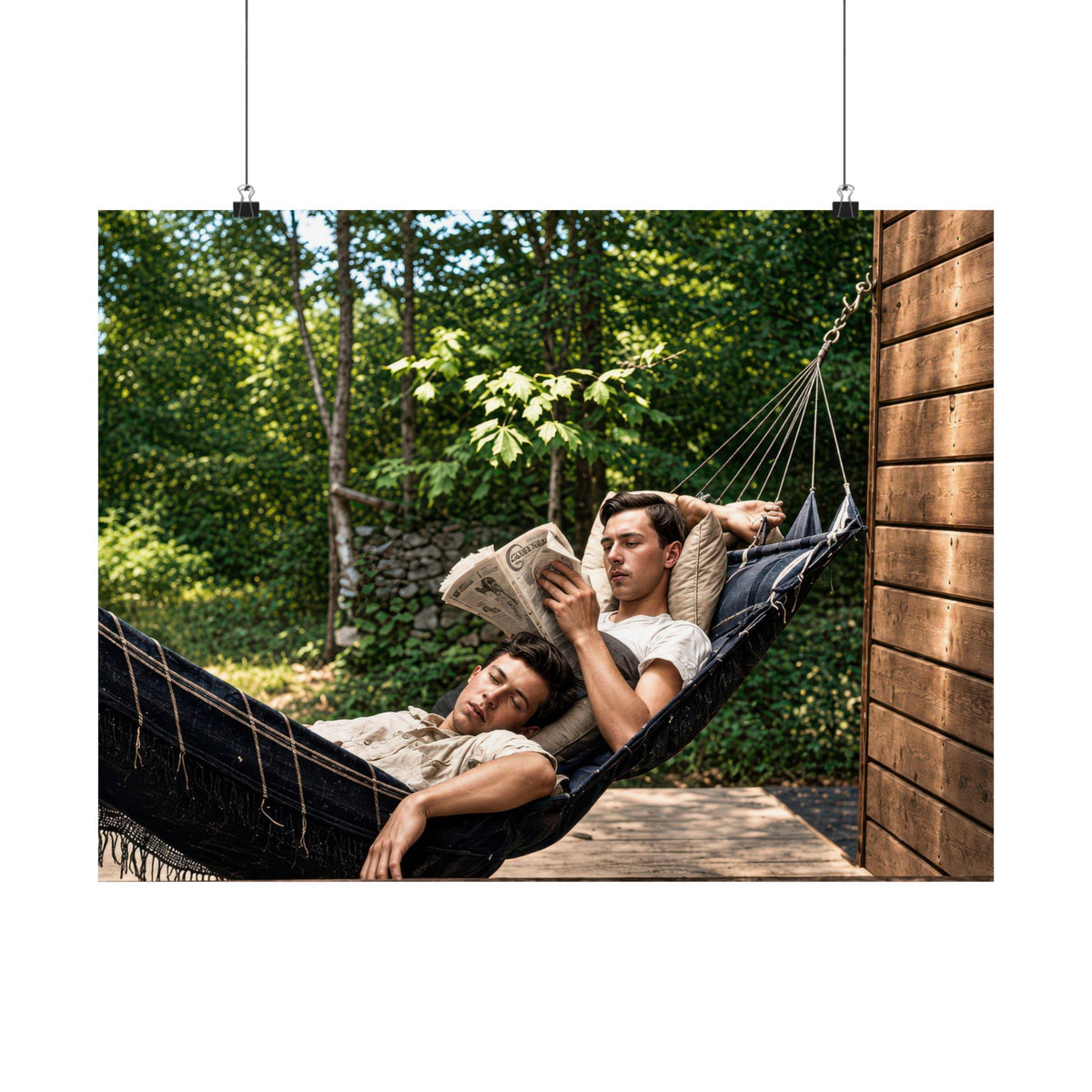 Vintage photography poster reproducing a circa 1935–1945 photograph of two men sharing a hammock beside a wooden building.
