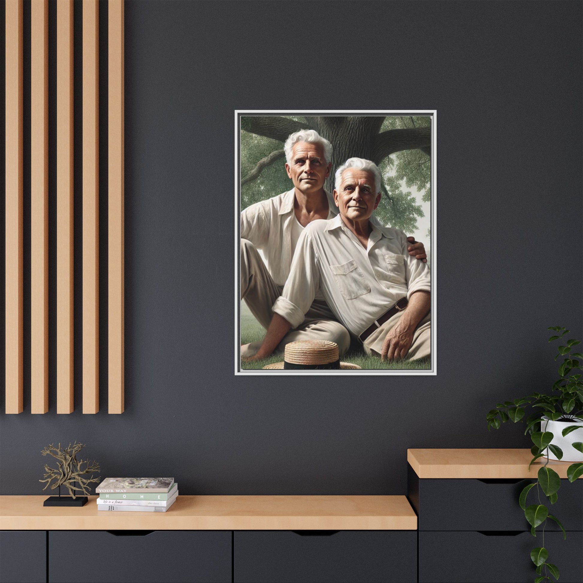 Hyper-realistic painting of an elderly gay couple in 1930s vintage attire under a leafy tree, celebrating love and resilience.