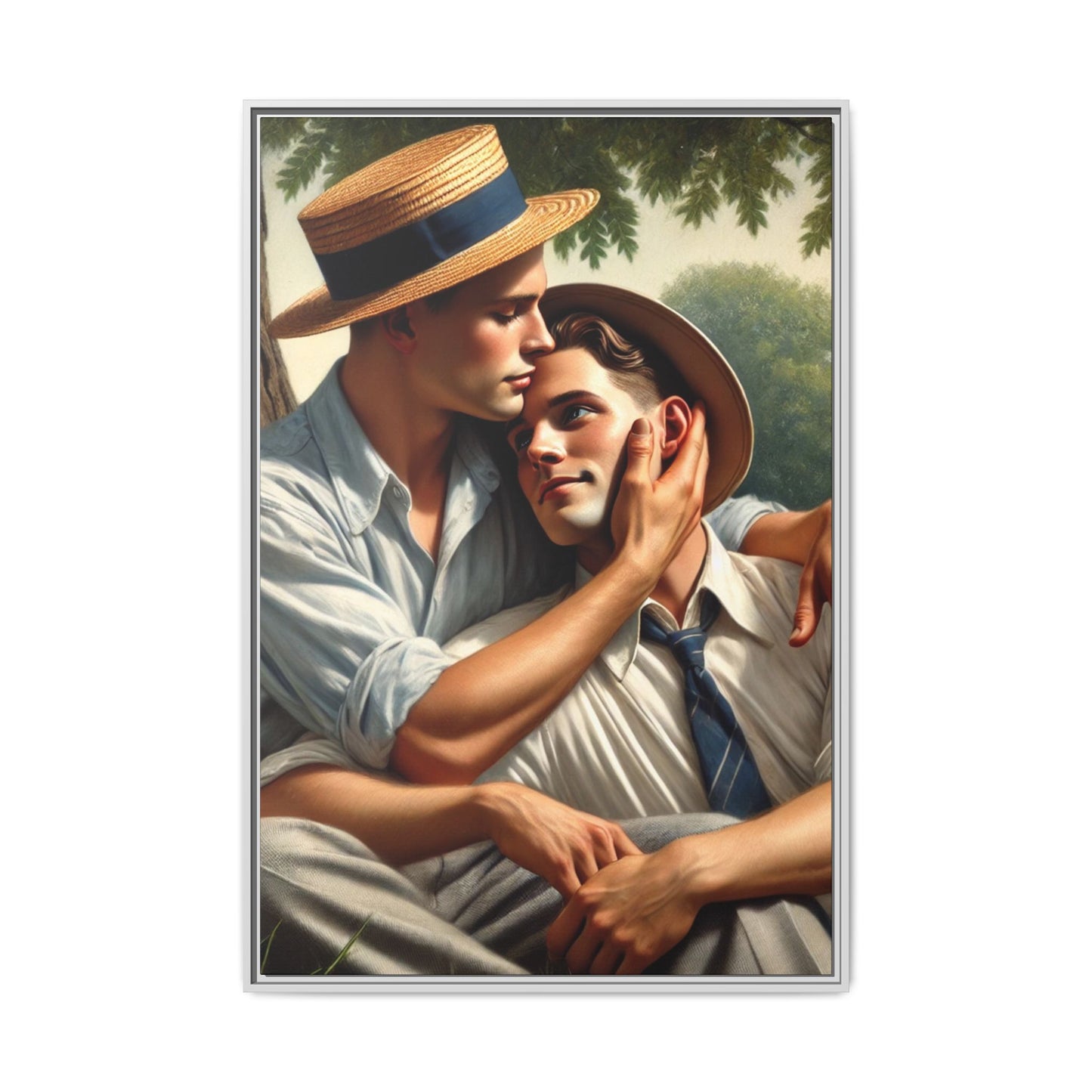 Vintage-style artwork of a gay couple in a sunlit meadow, sharing an affectionate moment in the 1930s