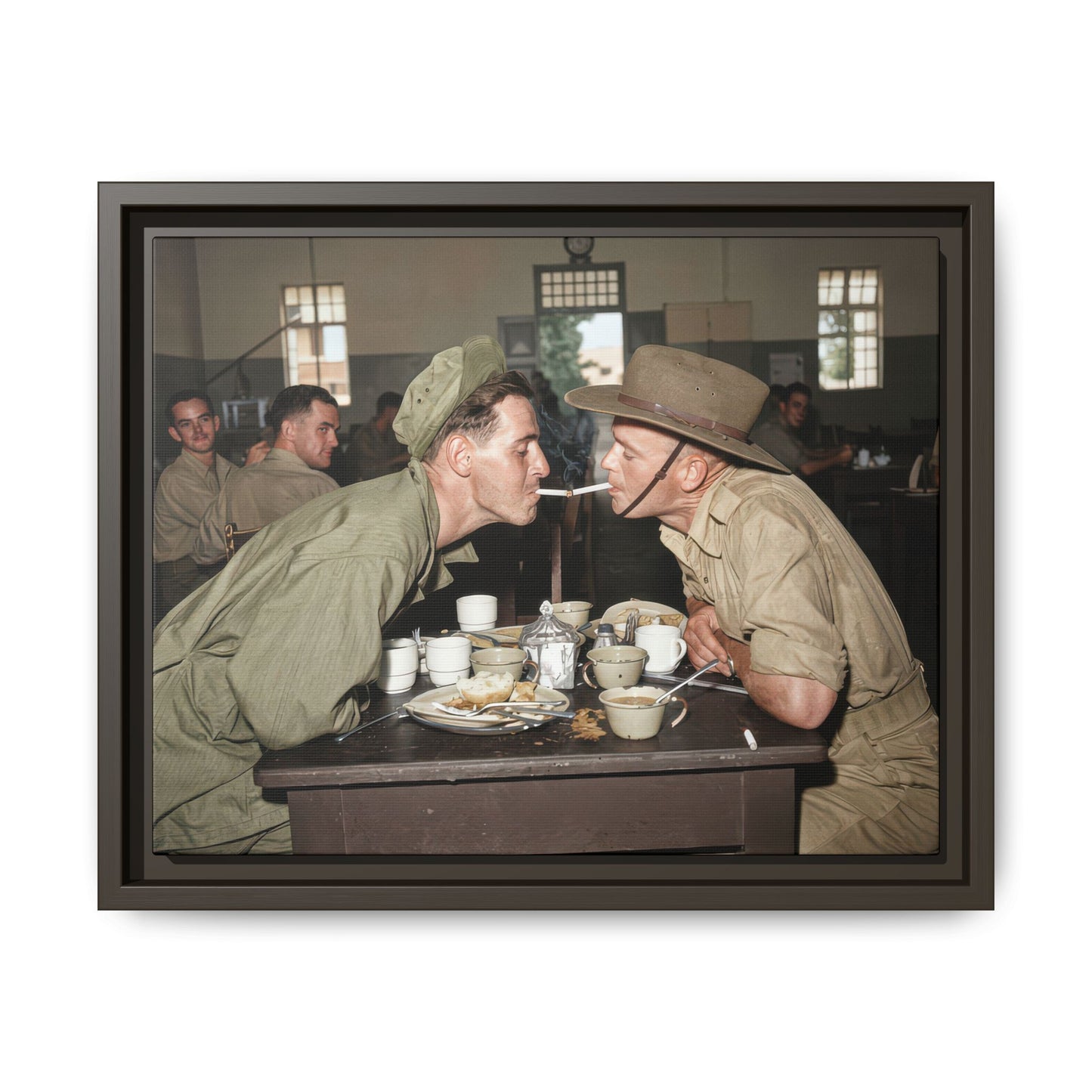 Framed canvas wall art showing candid interaction