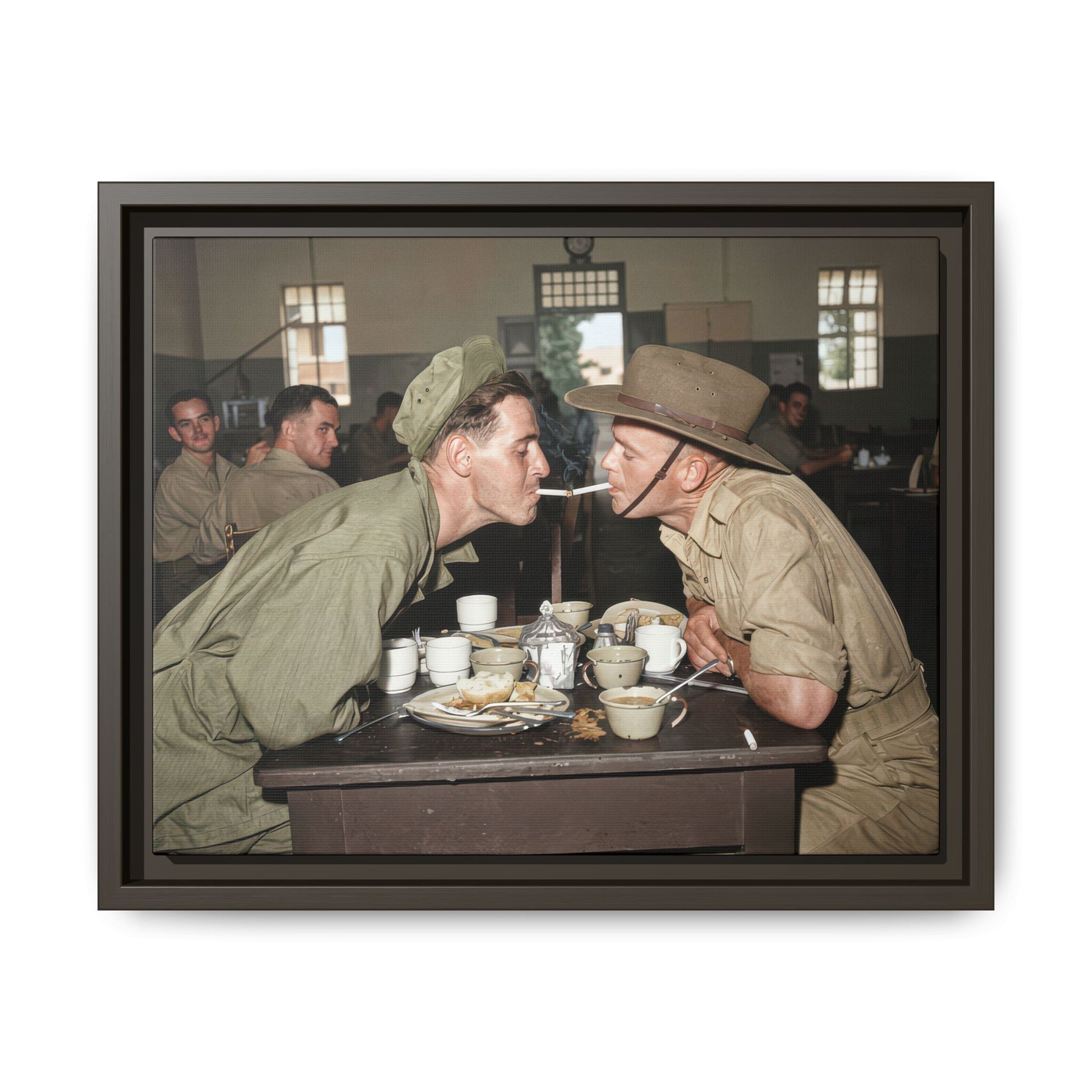 Framed canvas wall art showing candid interaction
