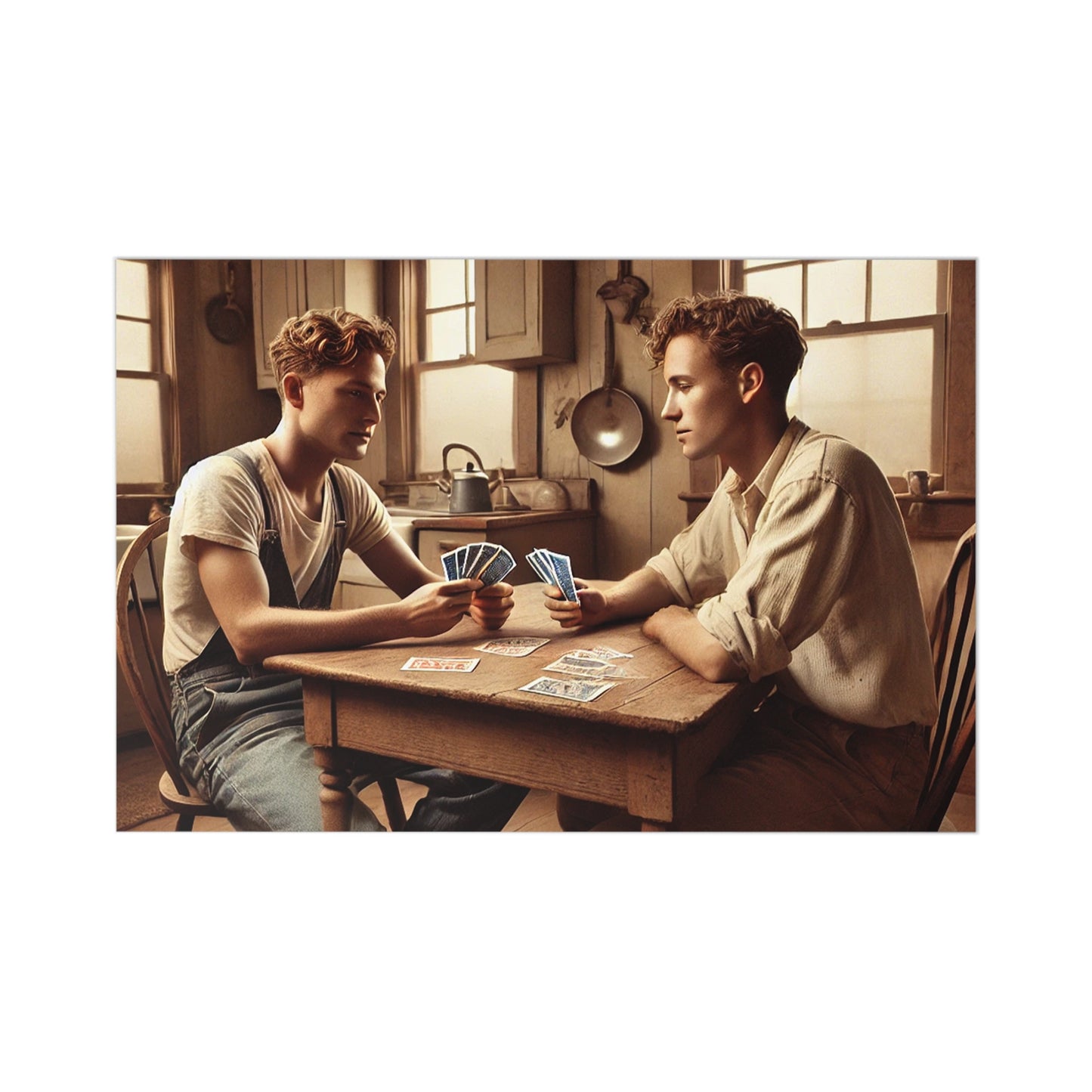 Heartwarming postcard set featuring a young queer couple playing cards in a rustic kitchen, evoking vintage Americana charm.