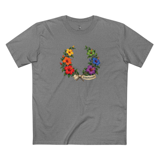 Open hibiscus wreath with red, orange, yellow, green, blue, and violet flowers and an ivory ribbon bearing KEBANGGAAN in charcoal serif lettering.