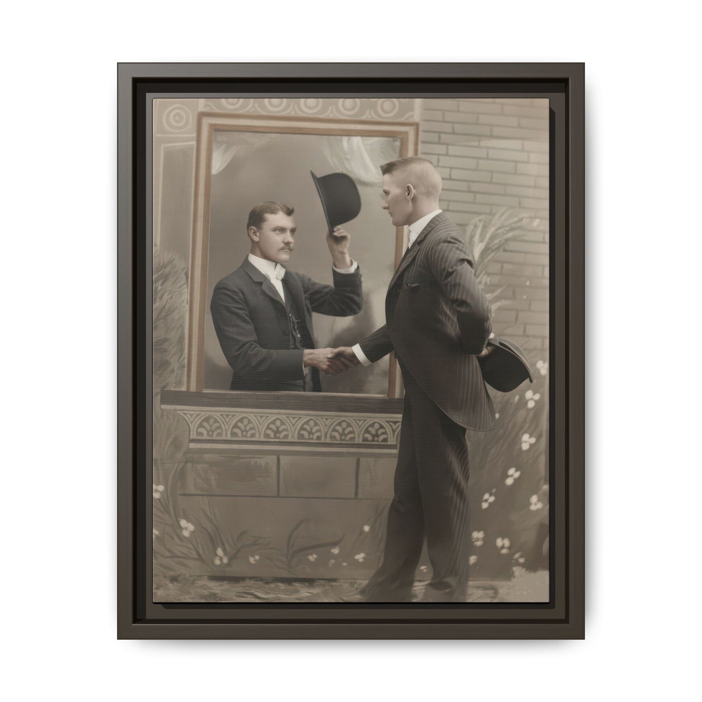Historical staged portrait showing one man in a framed window motif greeting another man in a suit