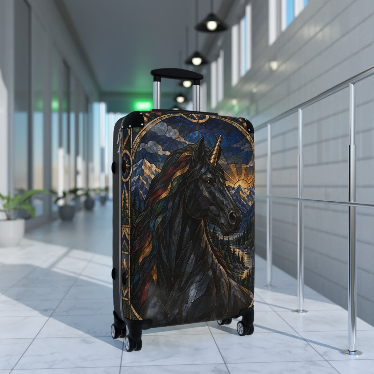 Guardian of the Rainbow Vale | Black Unicorn Stained-Glass Carry-On Suitcase