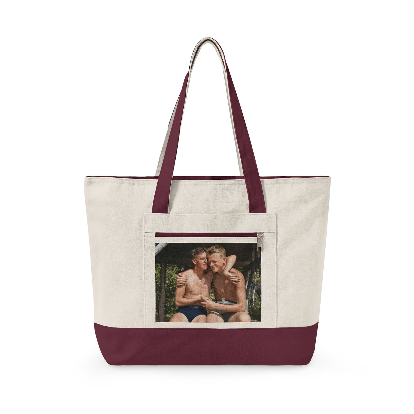 Beach day canvas tote with two men in vintage swimwear 