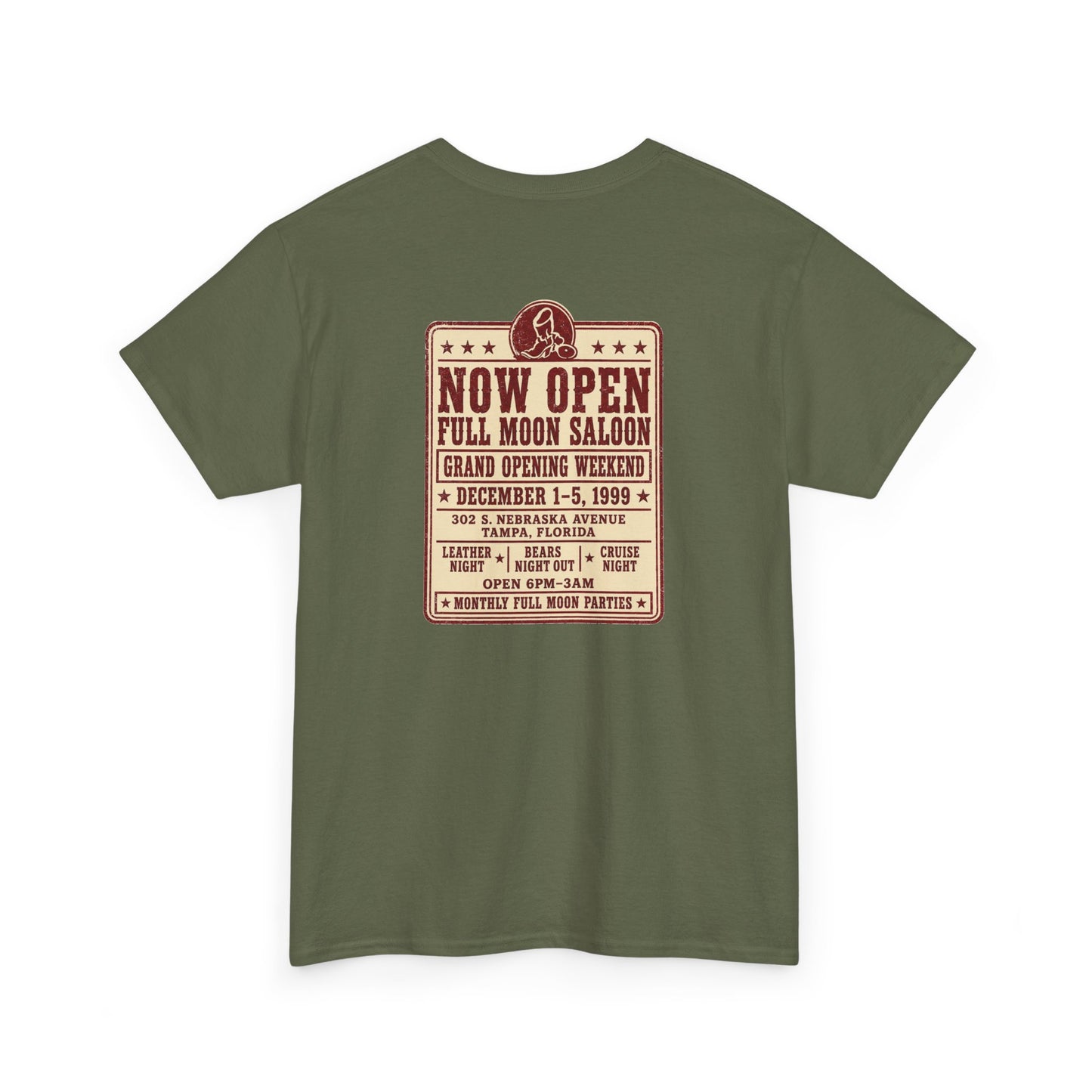 Full Moon Saloon Tampa 1999 grand-opening weekend advertisement printed on the back of an LGBTQ history T-shirt