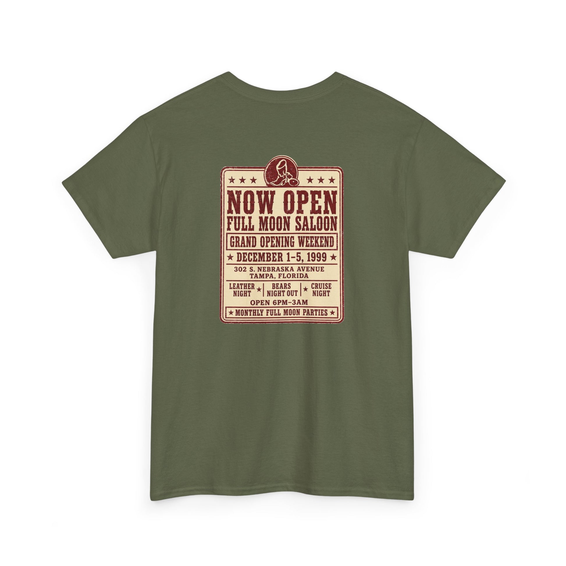 Full Moon Saloon Tampa 1999 grand-opening weekend advertisement printed on the back of an LGBTQ history T-shirt
