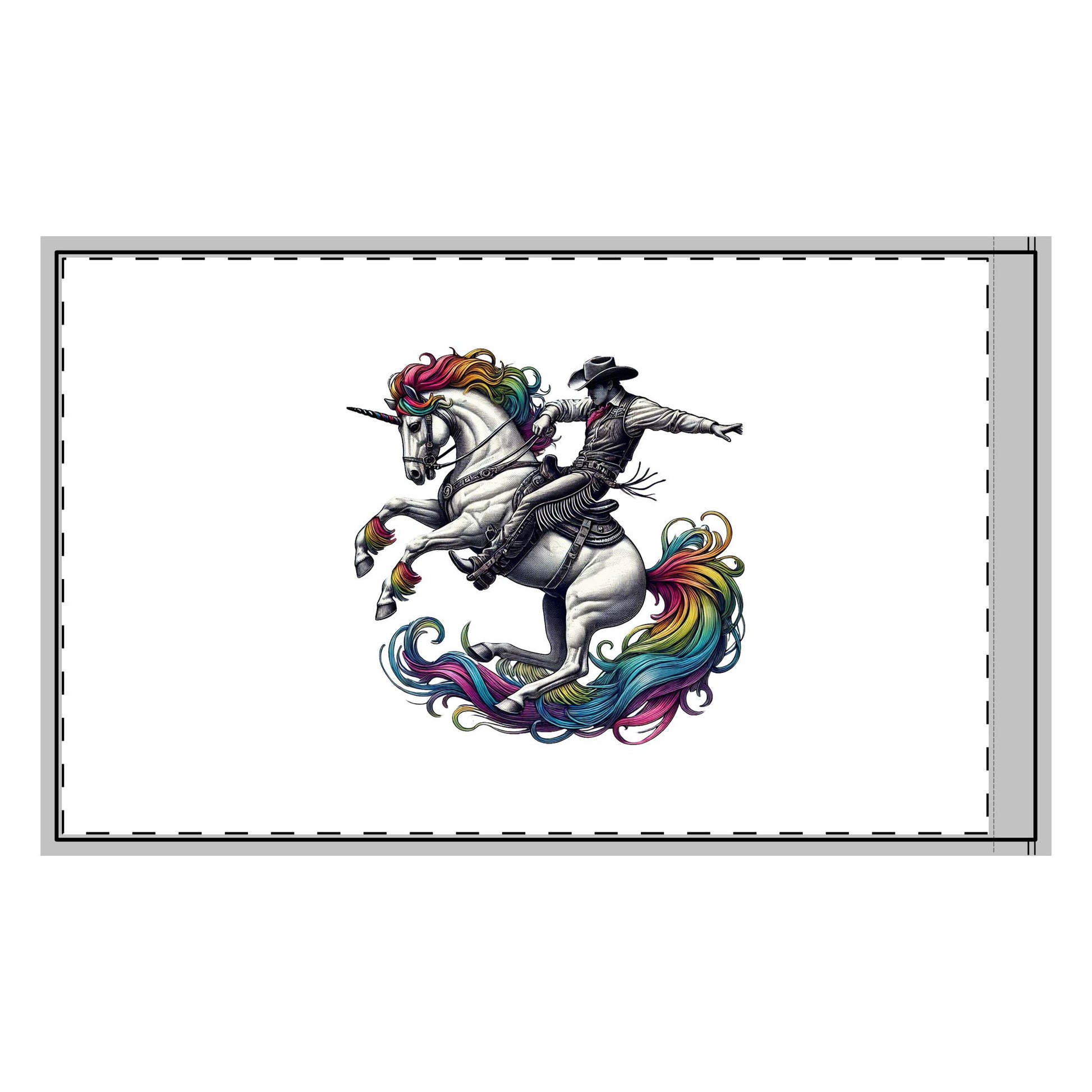 A bold Rainbow Riders flag featuring a cowboy riding a unicorn with a vibrant rainbow mane and tail, symbolizing diversity, unity, and inclusion. The design highlights school spirit and pride, perfect for events and advocacy. LGBTQ GAY Queer Flag