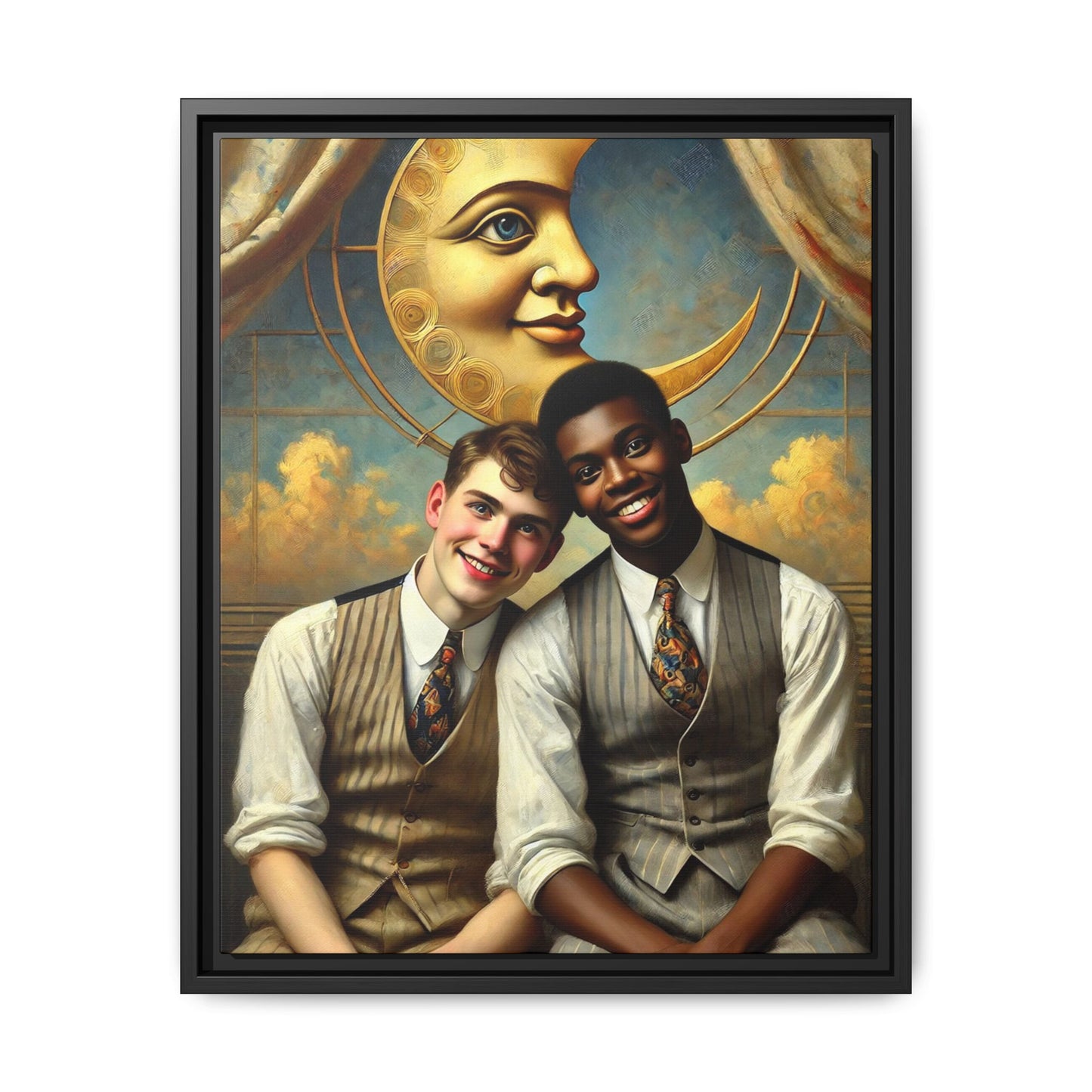 A vintage-style artwork showing a young interracial gay couple in 1920s attire sitting beneath a golden crescent moon with a serene expression. Their joyful closeness reclaims erased queer history and reflects the beauty of interracial love through a lens of tenderness and celebration.