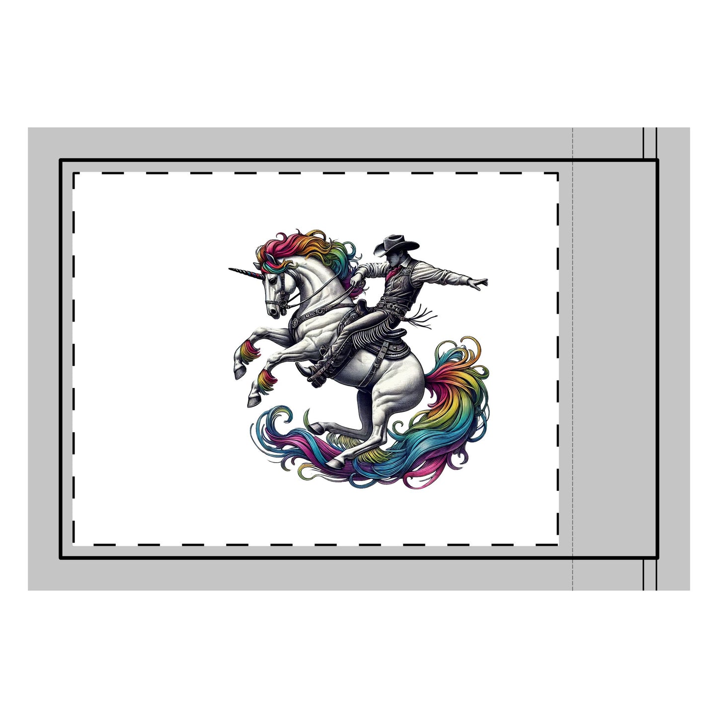 A bold Rainbow Riders flag featuring a cowboy riding a unicorn with a vibrant rainbow mane and tail, symbolizing diversity, unity, and inclusion. The design highlights school spirit and pride, perfect for events and advocacy. LGBTQ GAY Queer Flag