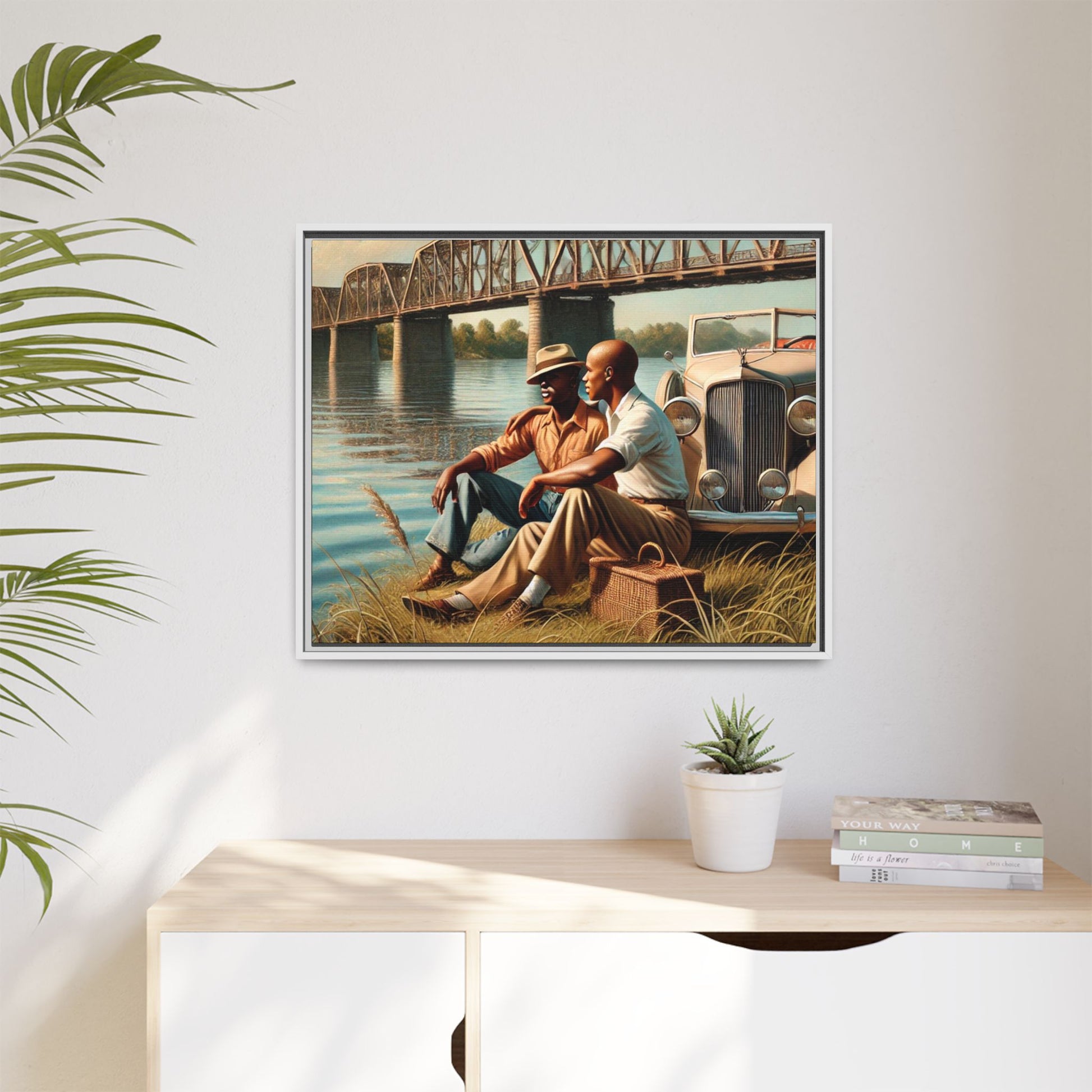 Vintage-style painting of an African-American gay couple in the 1930s by the Mississippi River with a Packard car, celebrating love and resilience.