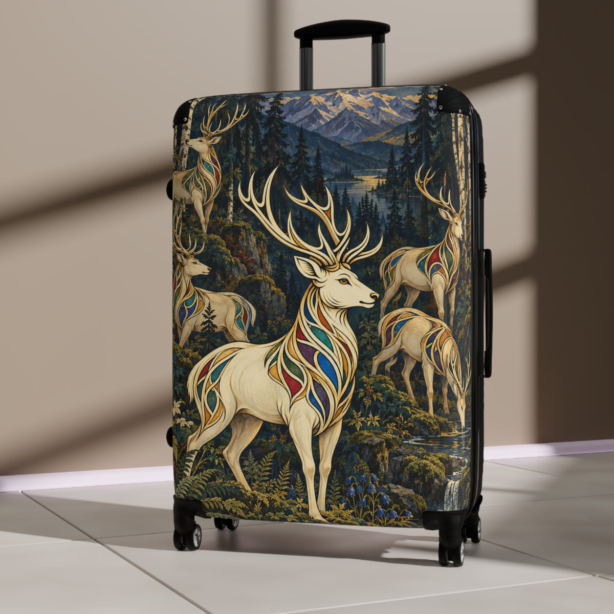 Deer Forest Carry-On Suitcase – Stained Glass Stag Travel Luggage