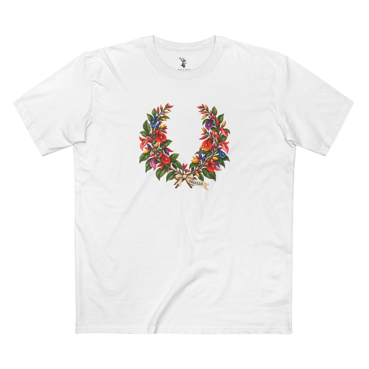 Detail of sculptural ceibo blossoms in red, orange, gold, blue, and violet, with engraved-style leaves and crossed branches above ORGULLO lettering.