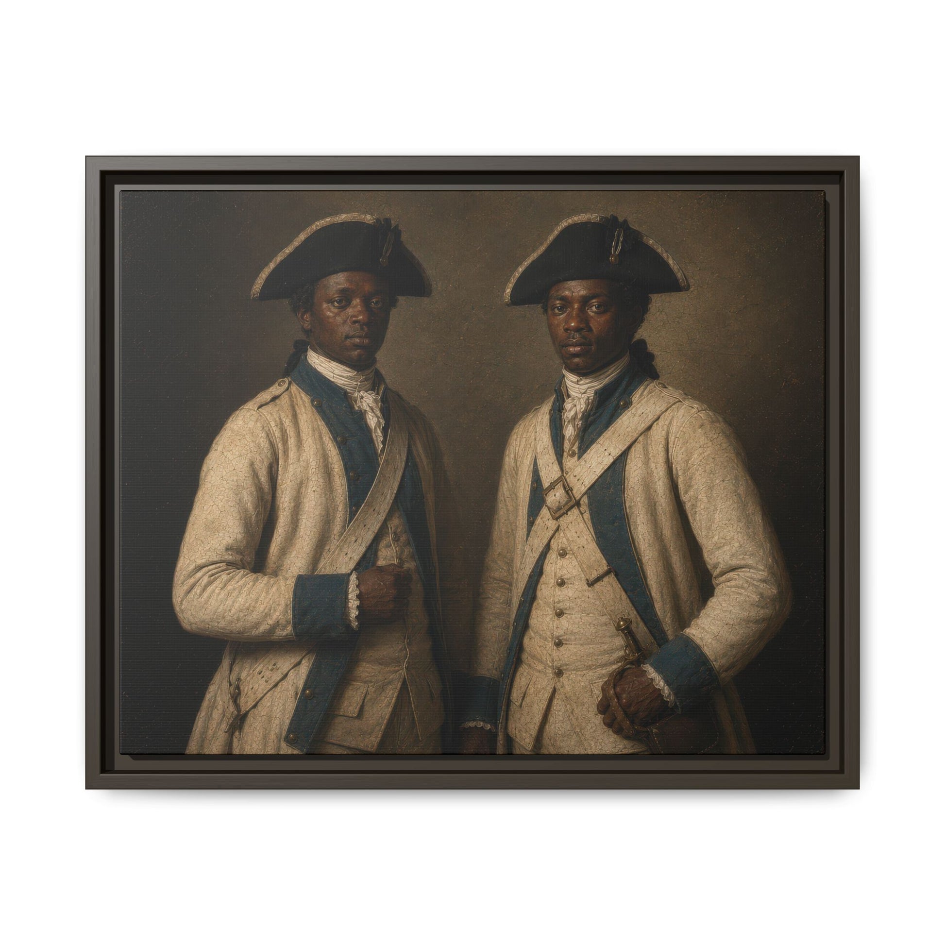 Museum-inspired portrait of two Black French Expédition Particulière soldiers in white uniforms during the American Revolutionary War.