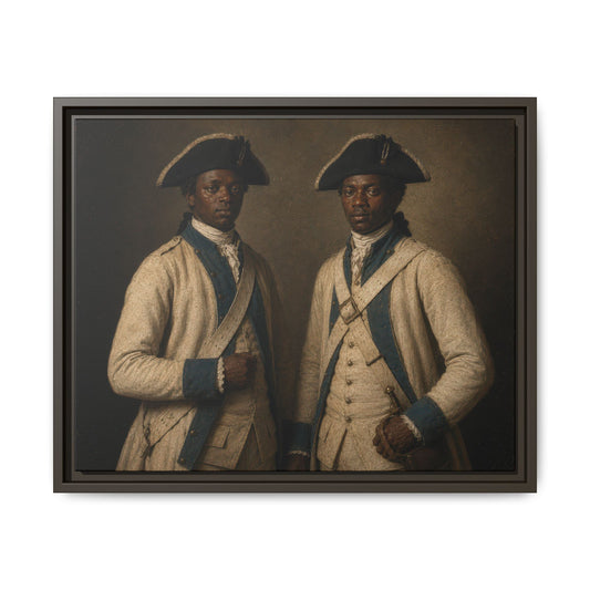 Museum-inspired portrait of two Black French Expédition Particulière soldiers in white uniforms during the American Revolutionary War.