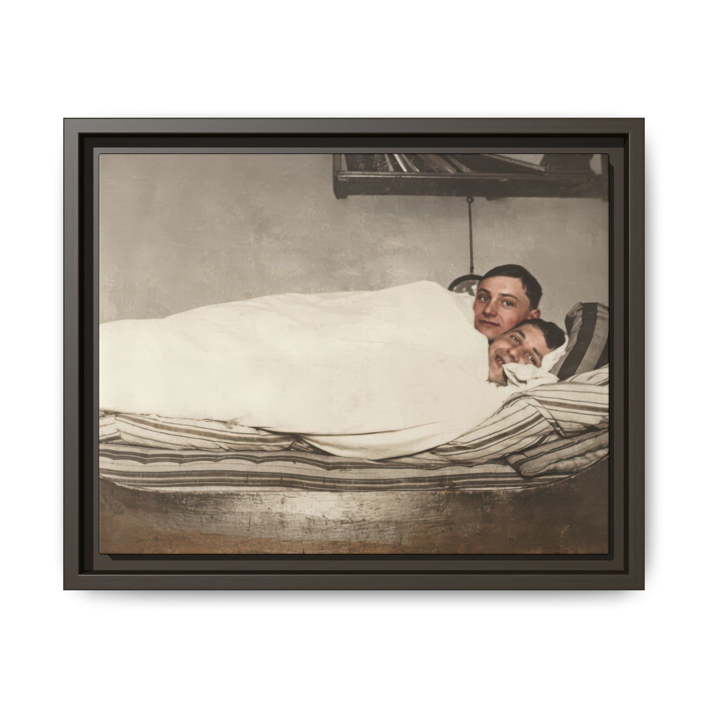 Historical bedroom scene with striped bedding and two reclining figures