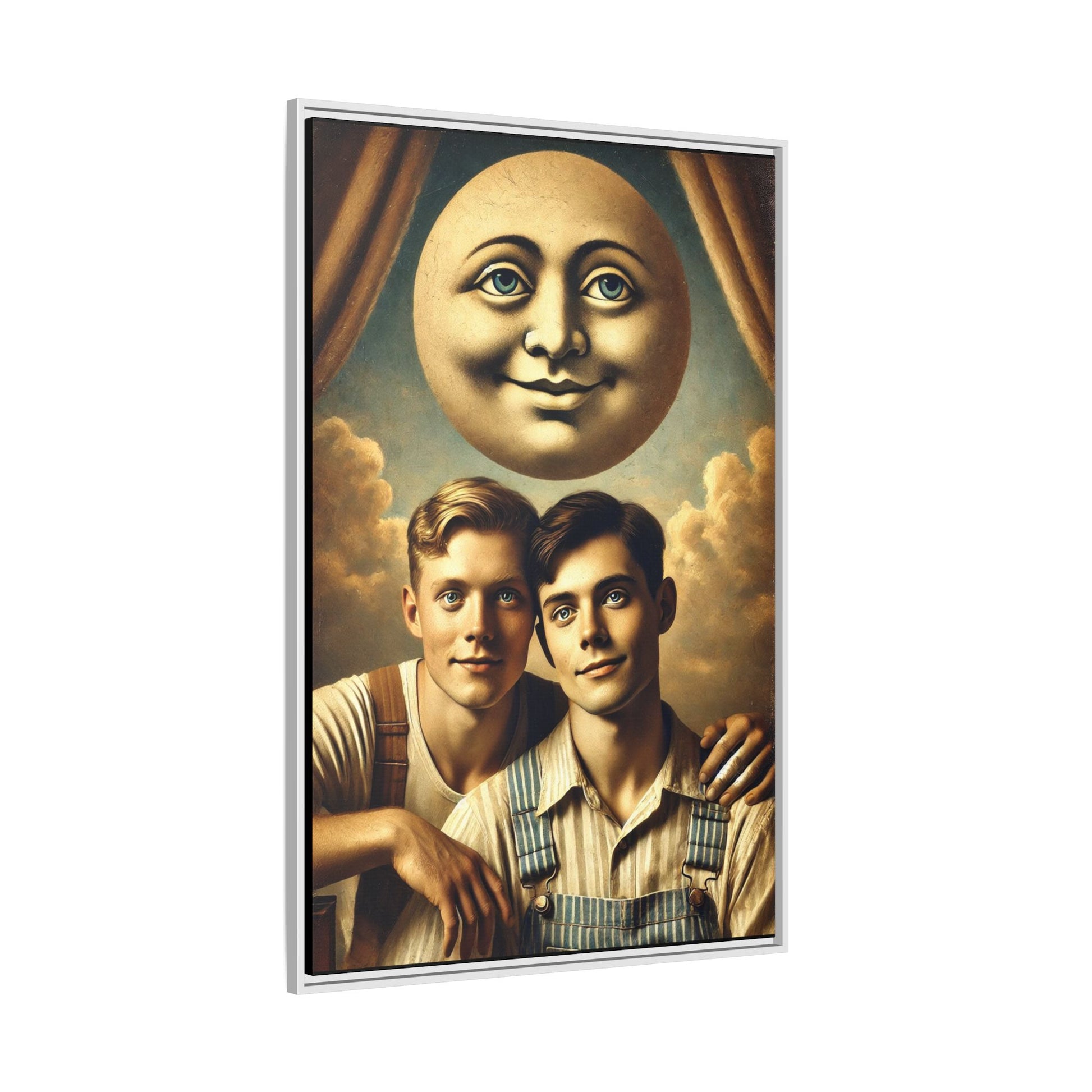 Framed matte canvas portrait featuring two young men in vintage overalls with a crescent moon prop above them. This artwork from the Missing Art Studies series reclaims LGBTQ+ imagery that may have been lost to bias, presenting warmth, intimacy, and presence.
