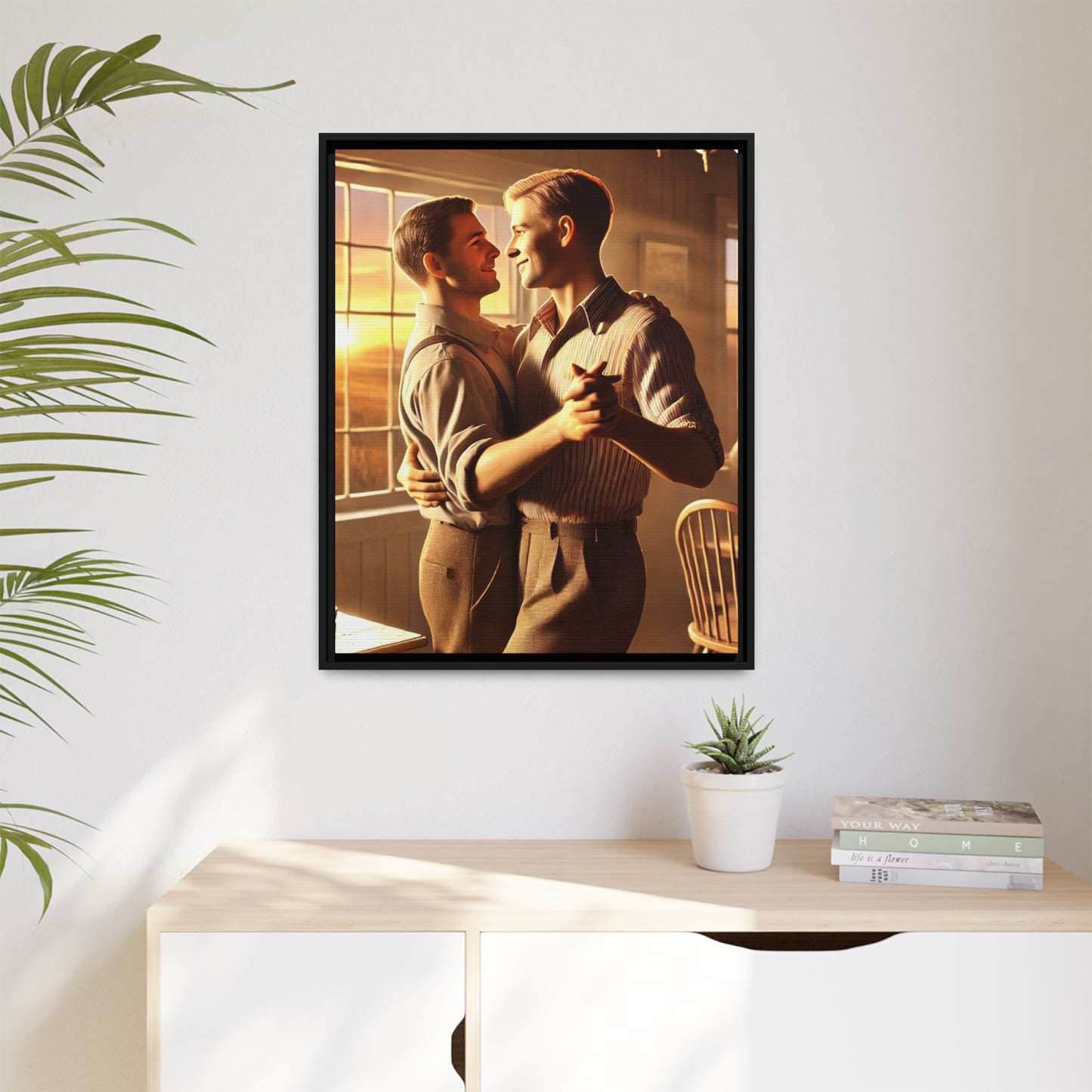 Art of a gay couple dancing in a sunlit dining room, inspired by Grant Wood’s Americana style and celebrating love.