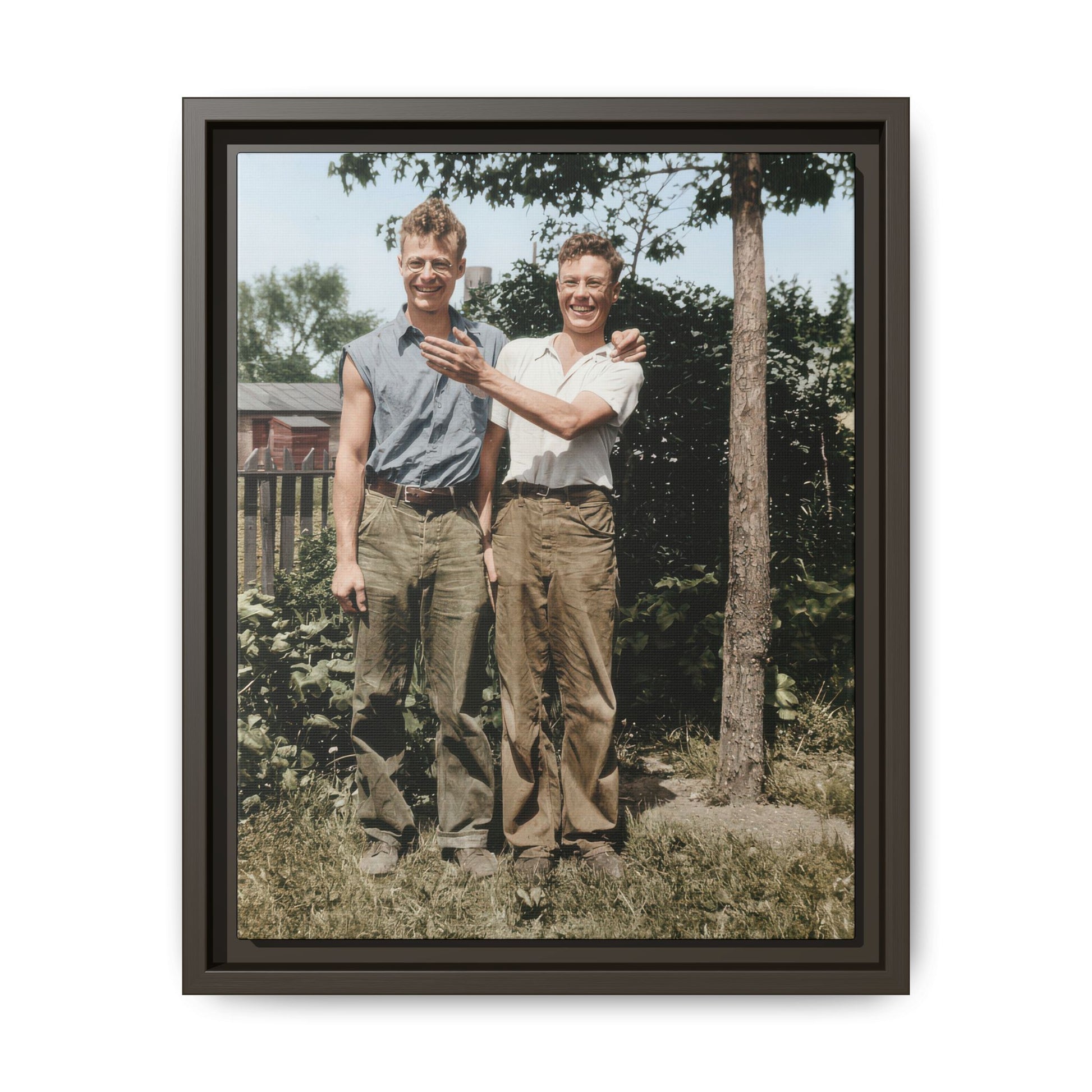 Historic photograph of two men standing outdoors vintage archival canvas print