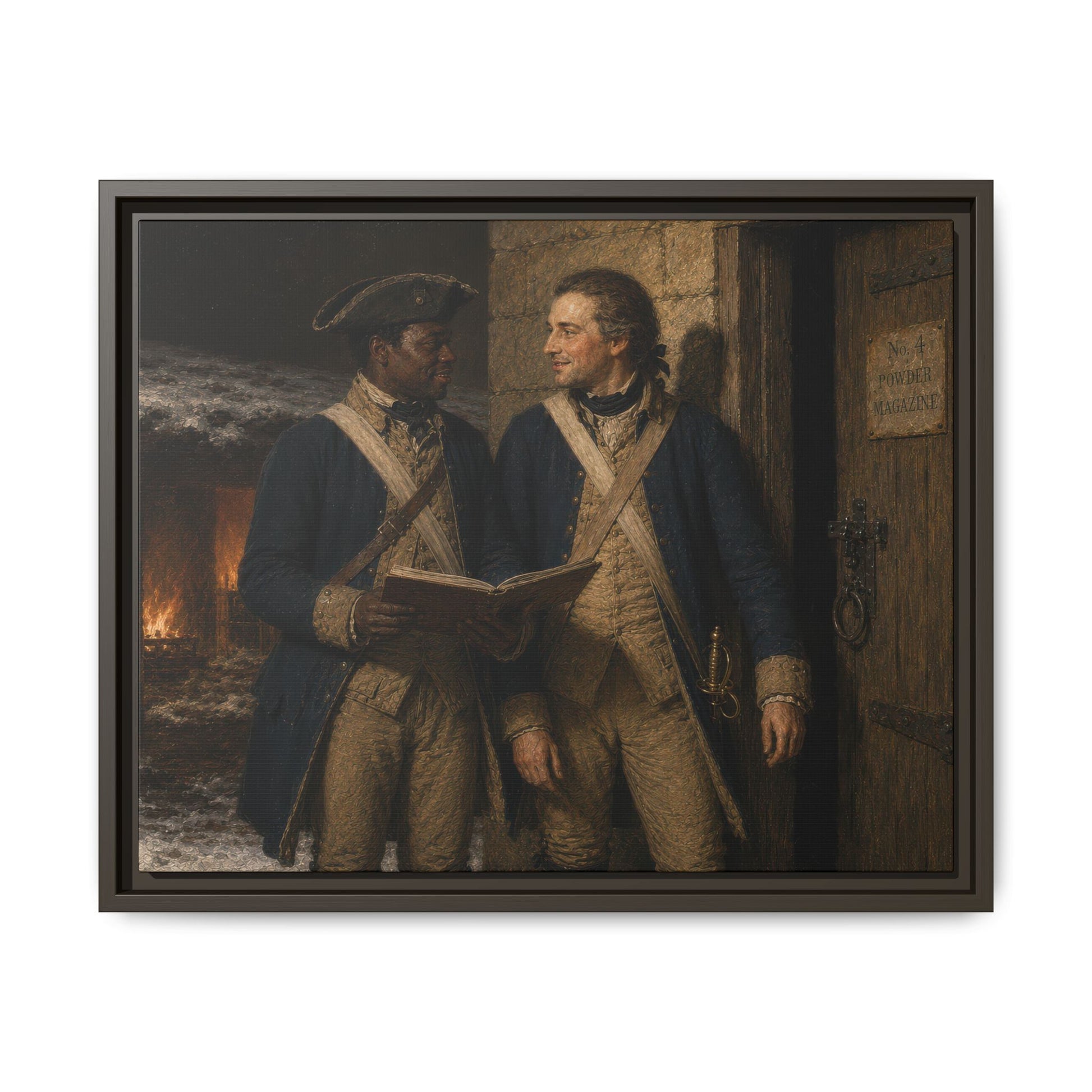 Black and white Continental Army artillerymen standing beside a powder magazine with ledger during winter quarters, museum-inspired Revolutionary War oil portrait.
