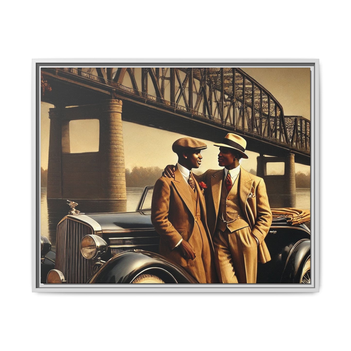 Vintage-style artwork of an African-American gay couple in the 1930s with a Packard car by the Mississippi River, celebrating love and inclusivity.