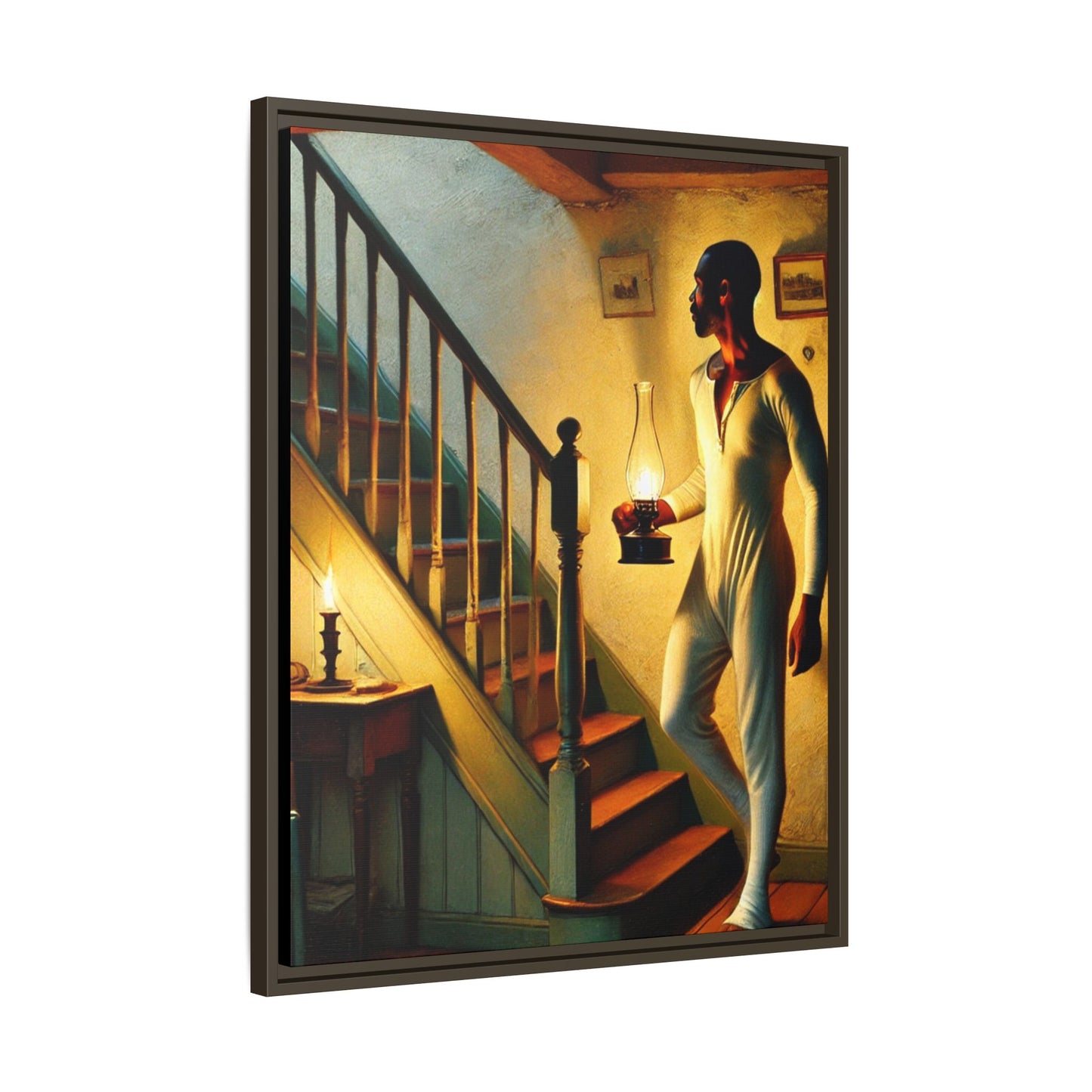 Framed artwork of an African-American man holding a lantern on a staircase, inspired by Grant Wood's style.